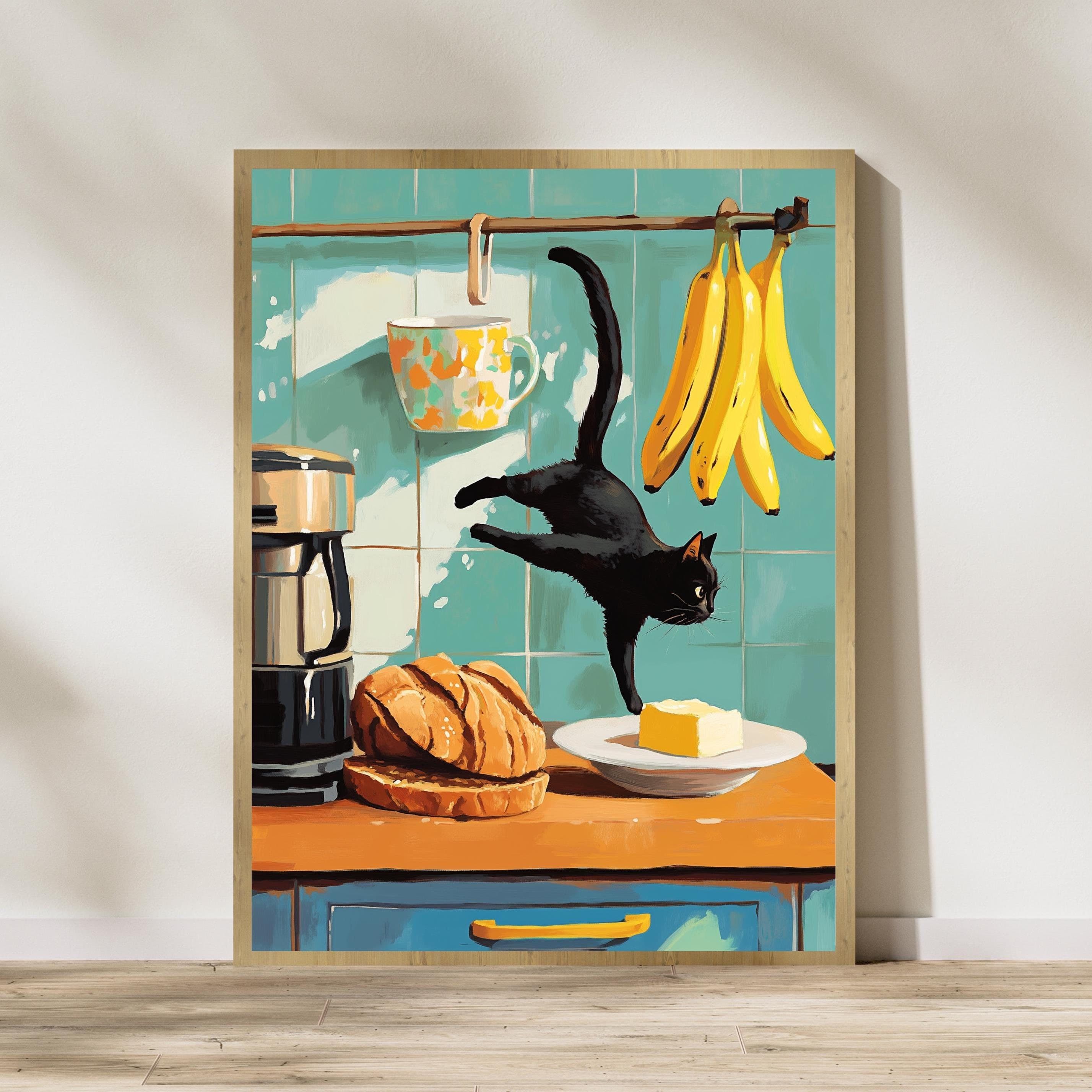 Colorful Kitchen Wall Print, Whimsical Cat Art Print, Colorful Kitchen Decor, Vintage Black Cat Kitchen Decor, Retro Kitchen Wall Art