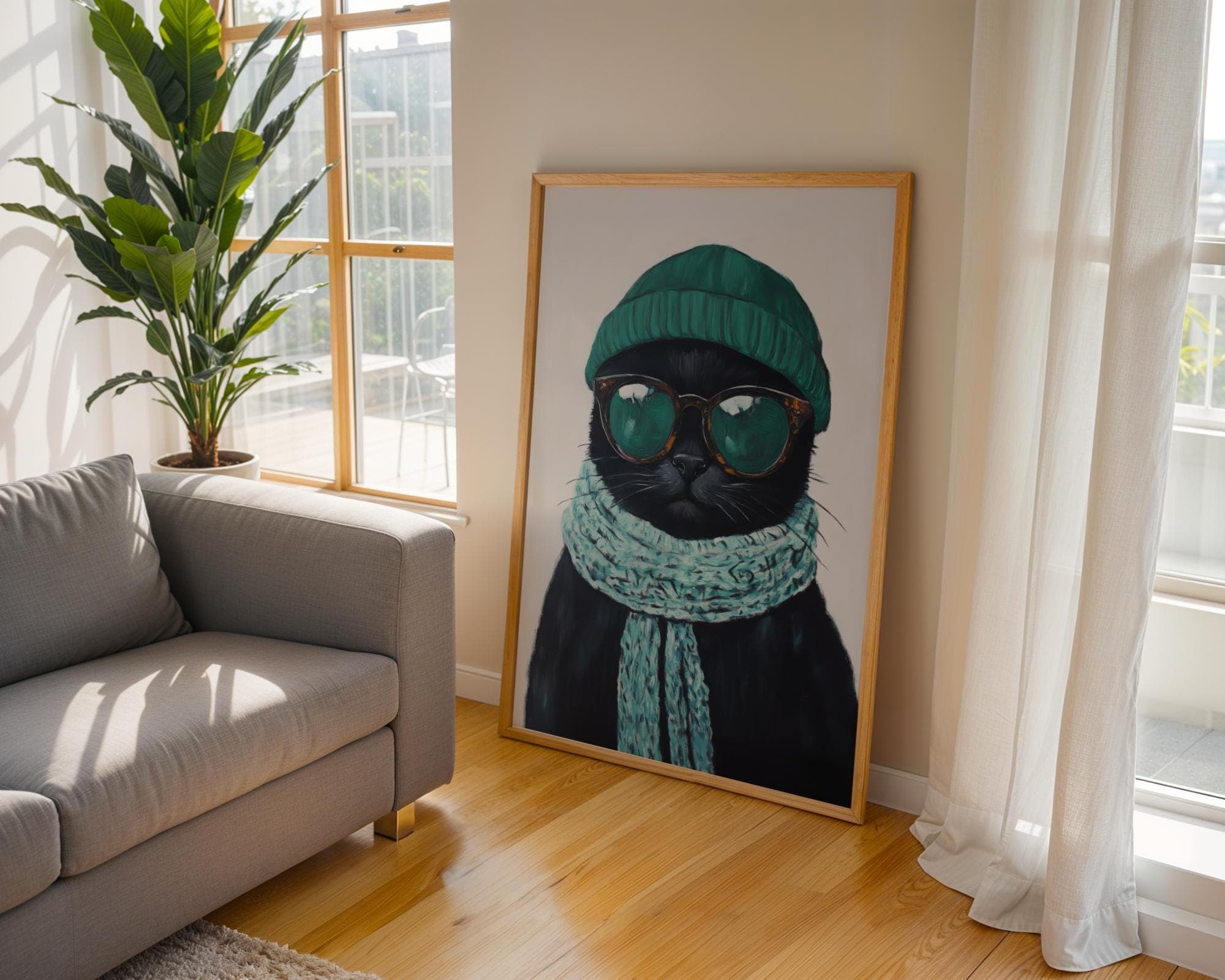 Trendy Black Cat Wall Art, Hipster Cat Portrait, Quirky Cat Decor, Matisse Black Cat Painting, Cool Cat Wall Art, Quirky Black Cat Print - view 3