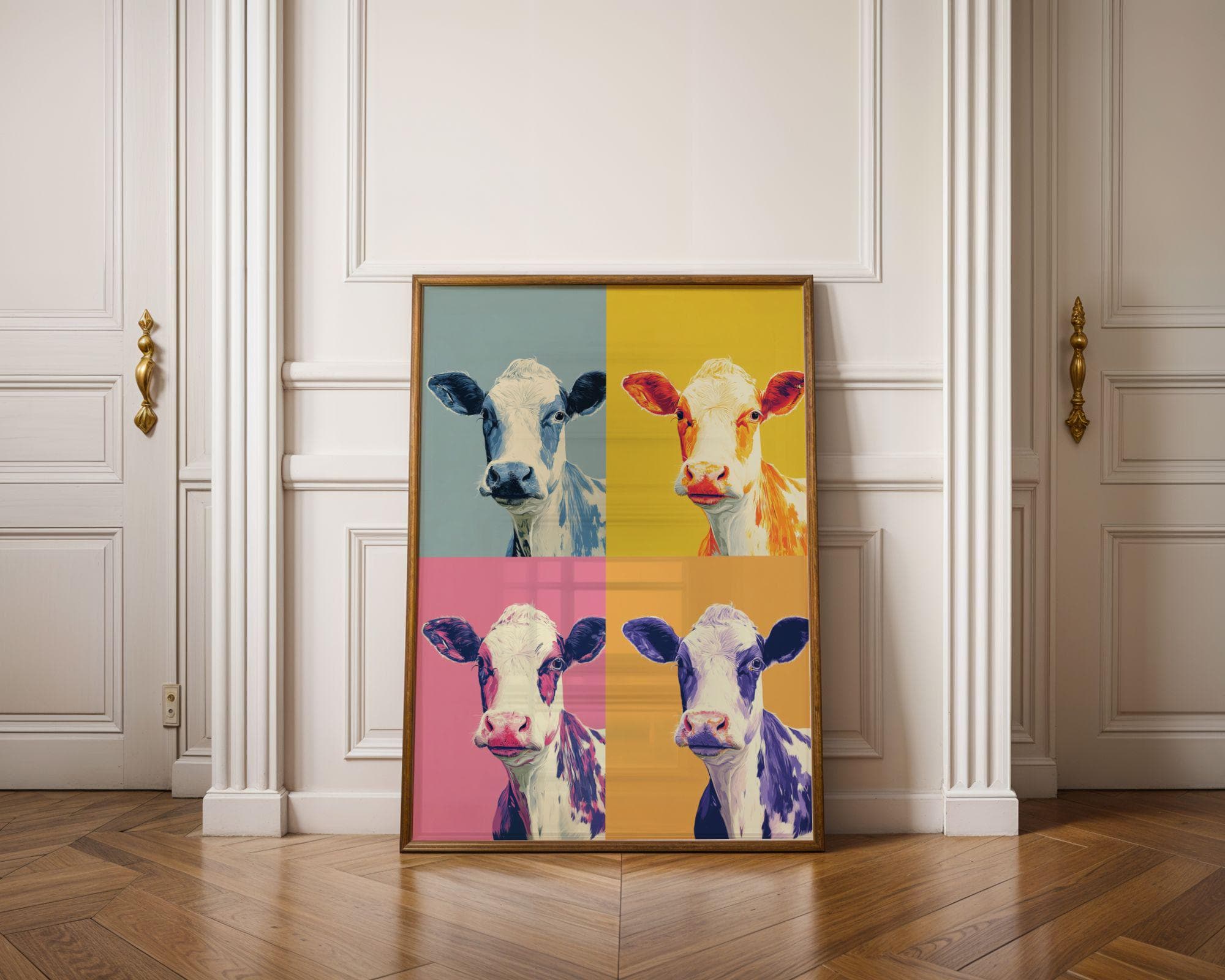 Pop Art Cow Wall Art, Pop Art Cow Quad, Colorful Cow Poster – Funny Animal Art, Retro Animal Art, Whimsical Animal Art, Funky Wall Art