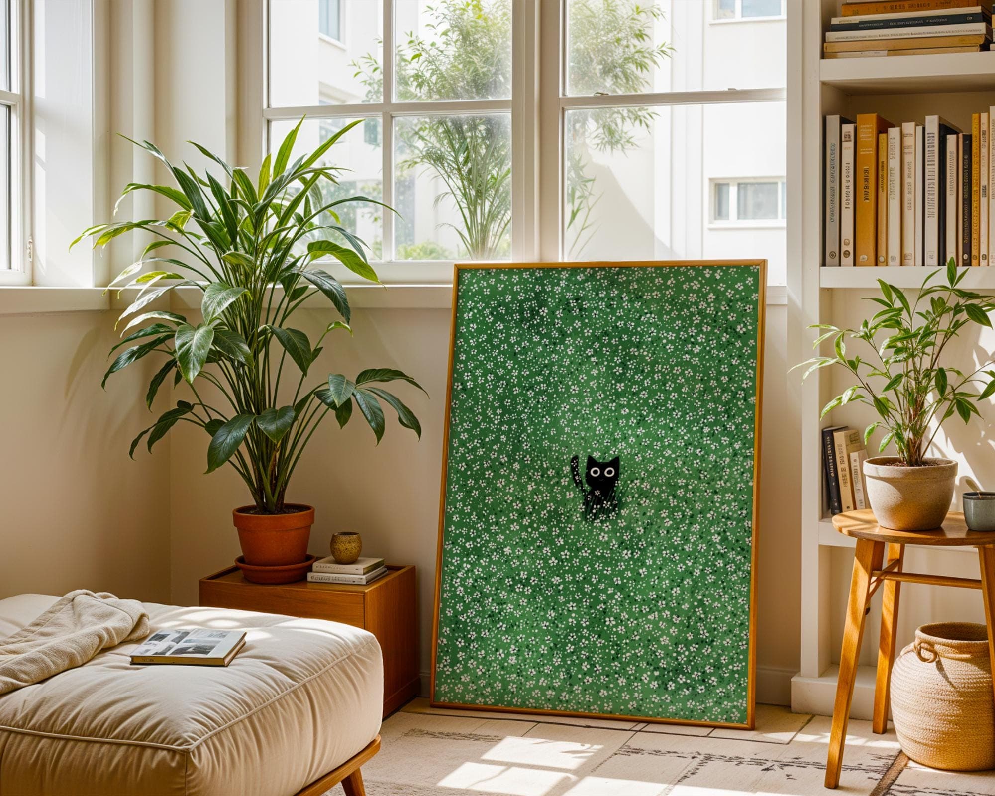 Cat in Meadow Art Print, Green Floral Background Animal Lover, Black Cat Wall Art – Minimalist Floral Print, Quirky Cat Decor, Black Cat Art - view 5