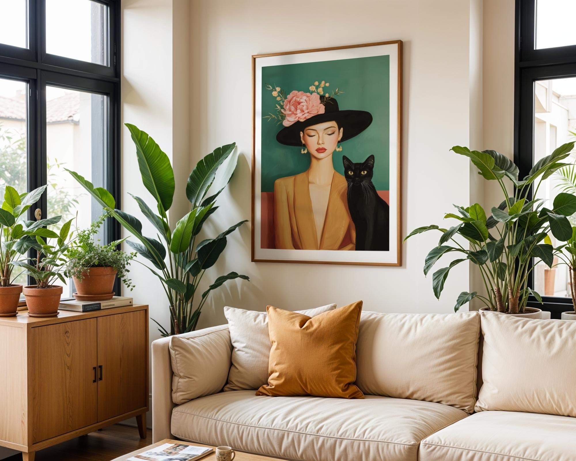 Chic Female Portrait with Cat Art, Artistic Lady and Cat Print, Black Cat with Woman Illustration, Chic Modern Artwork, Stylish Digital Art - view 3