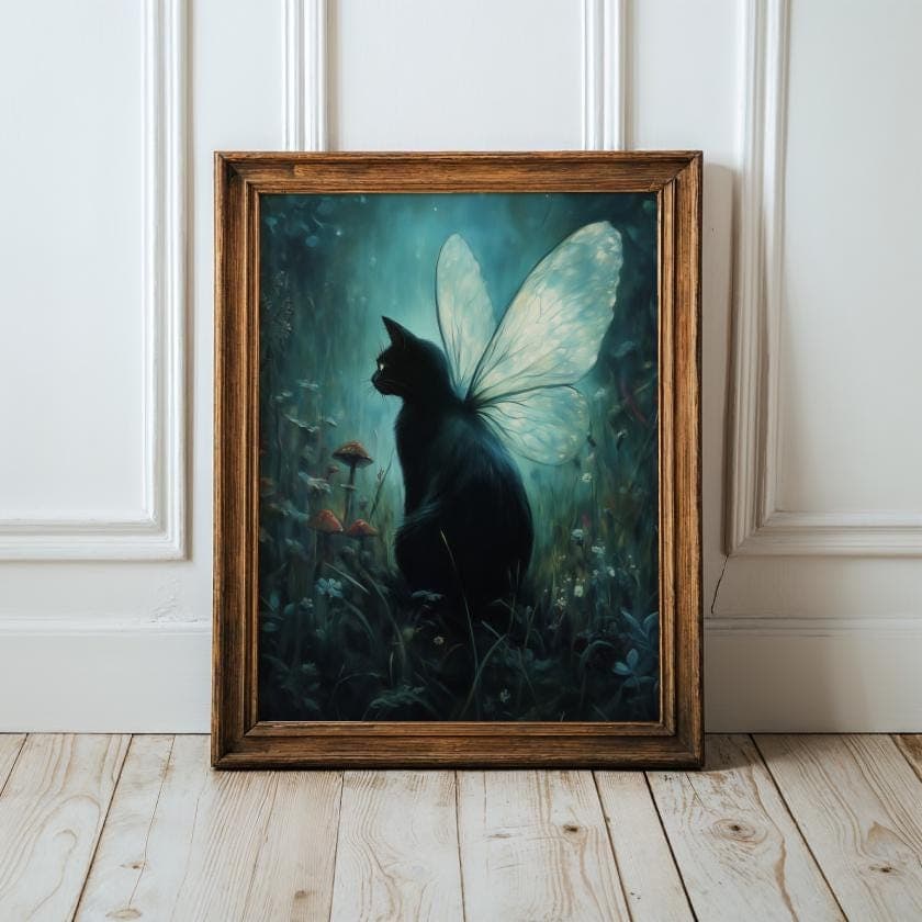 Mystical Black Cat Fairy Wall Art, Dark Forest Fantasy Print, Magical Gothic Home Decor, Whimsical Black Cat Art, Dark Fantasy Cat Art Print
