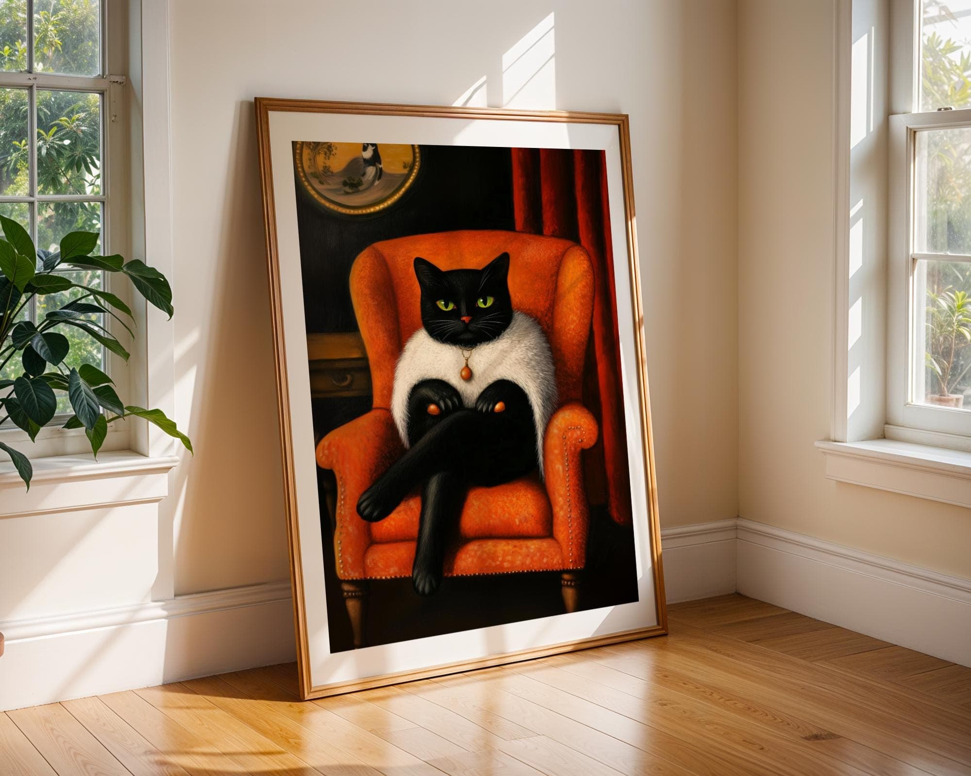 Vintage Black Cat Portrait, Orange and Black Decor Print, Black Cat in Orange Chair, Cool Cat Wall Art, Aristocratic Black Cat Wall Art - view 4