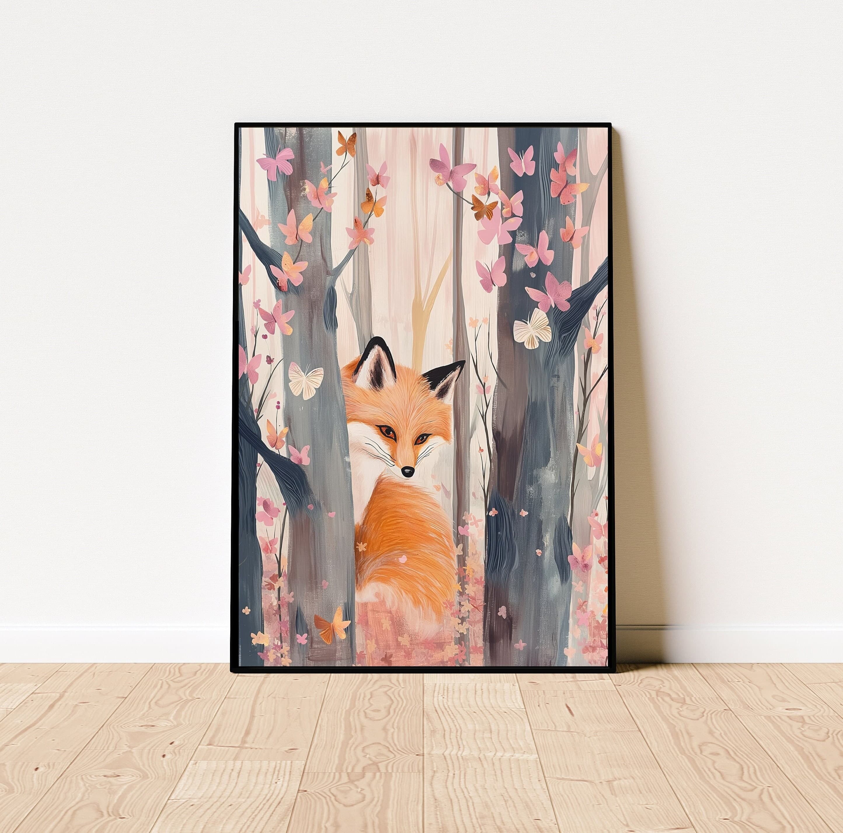 Whimsical Fox Poster, Oil Painting, Colorful Digital Fox and Butterflies Oil Painting, Colorful Fox Print, Butterfly and Fox Art, Fox Decor