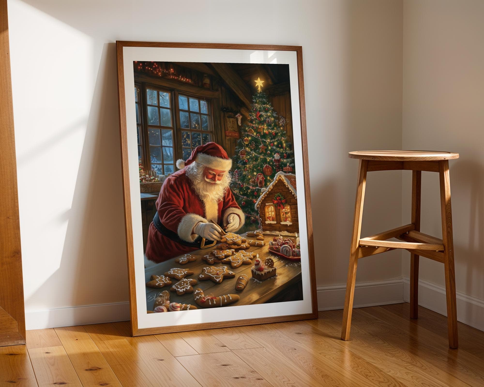 Christmas Gingerbread House and Santa Art Print, Vintage Cozy Christmas Wall Art Print, Printable Kitchen Home Decor, Digital Download - view 6