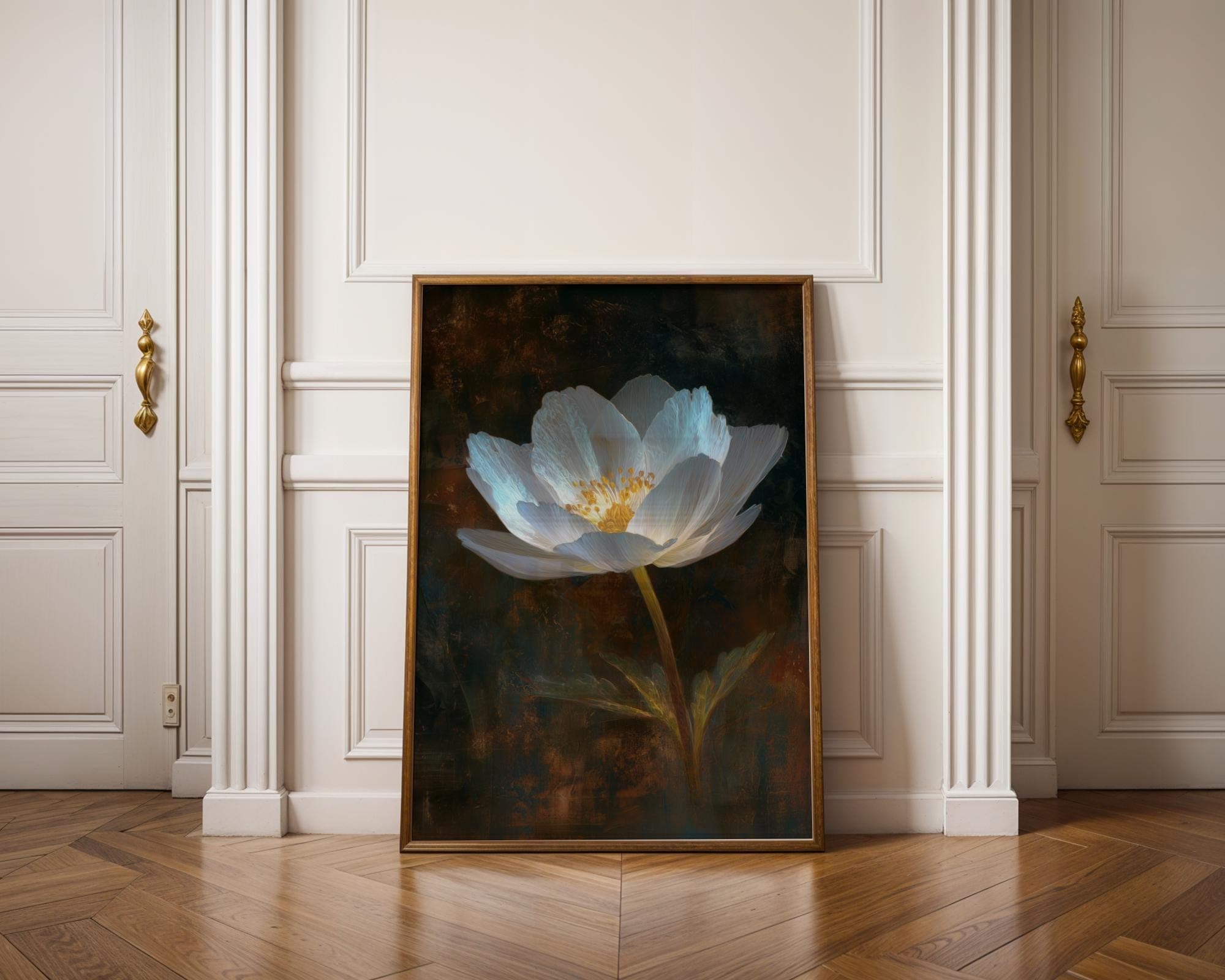 White Wildflower Wall Art Botanical Painting Print on Dark Rustic Background, Moody Floral Painting, White Flower Wall Art, Botanical Print