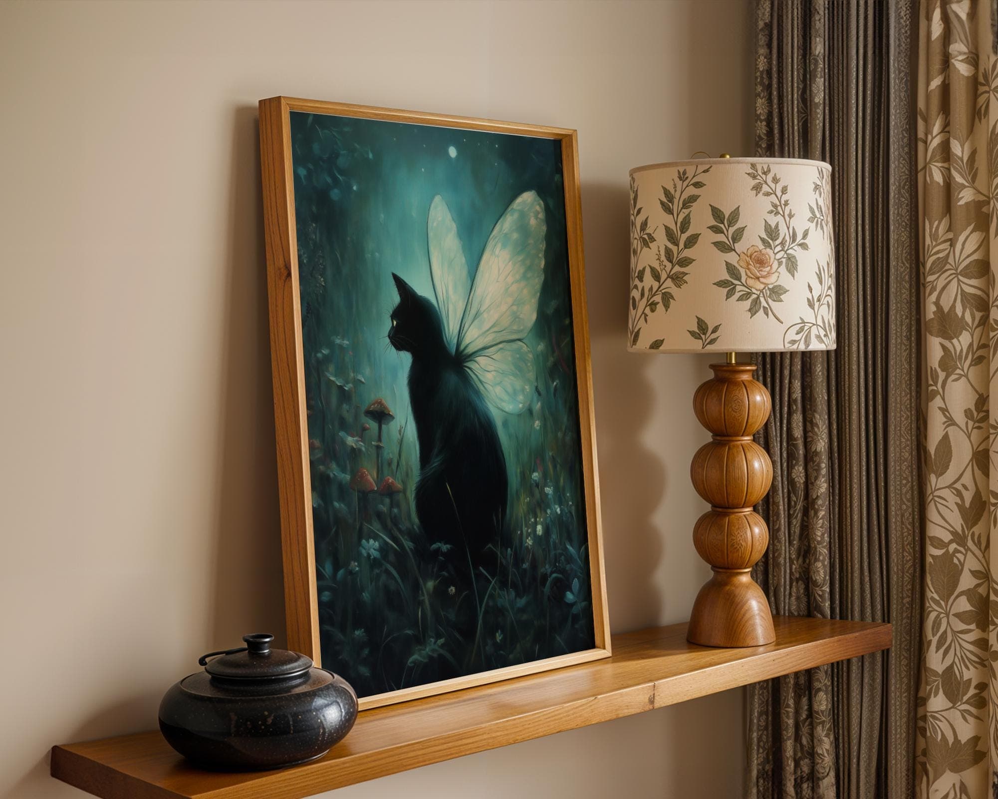 Mystical Black Cat Fairy Wall Art, Dark Forest Fantasy Print, Magical Gothic Home Decor, Whimsical Black Cat Art, Dark Fantasy Cat Art Print - view 5