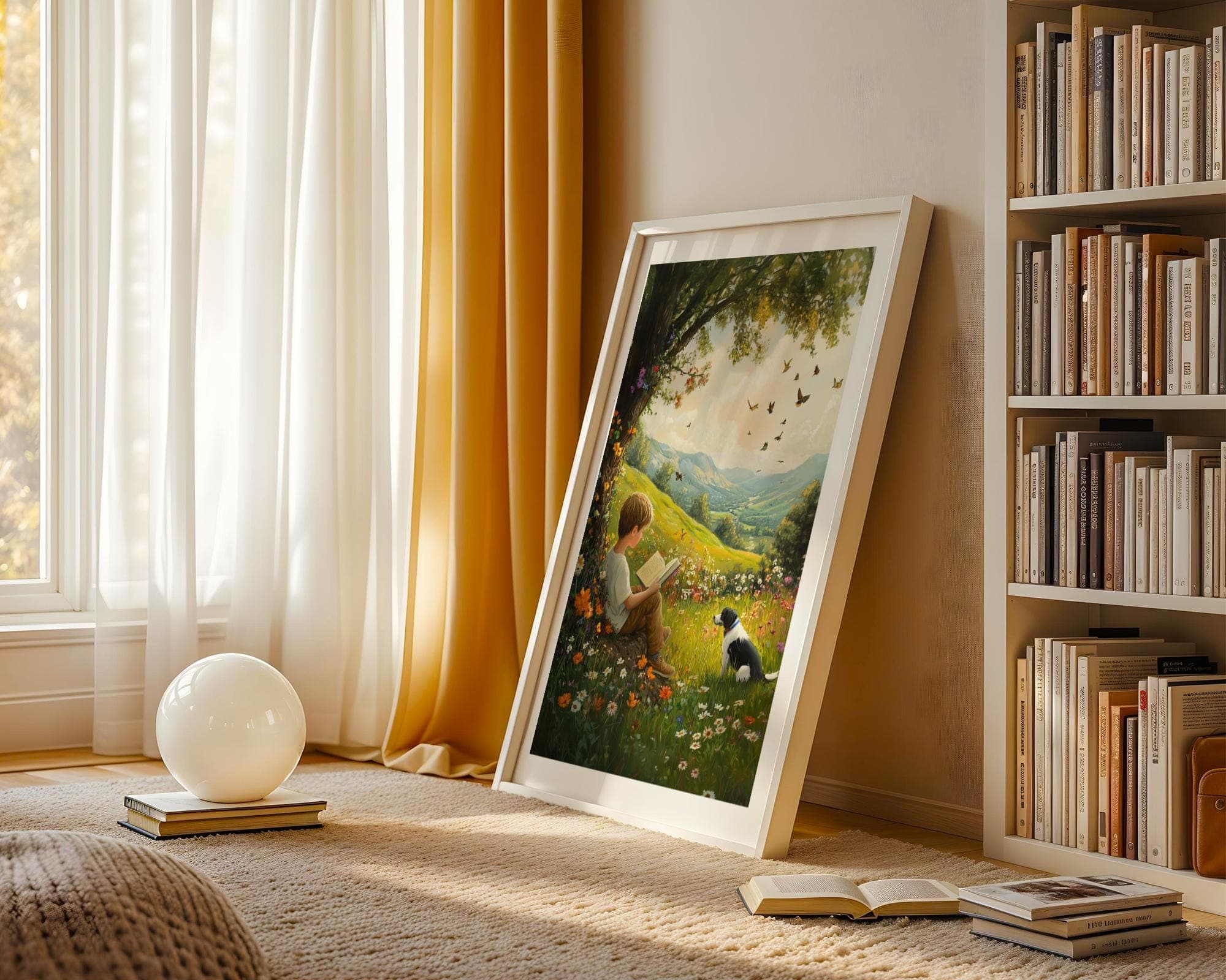 Fairytale Nature Art, Colorful Nature Landscape Art, Child and Dog Under Tree in Flower Meadow, Fantasy Landscape Art Print Digital Download - view 5