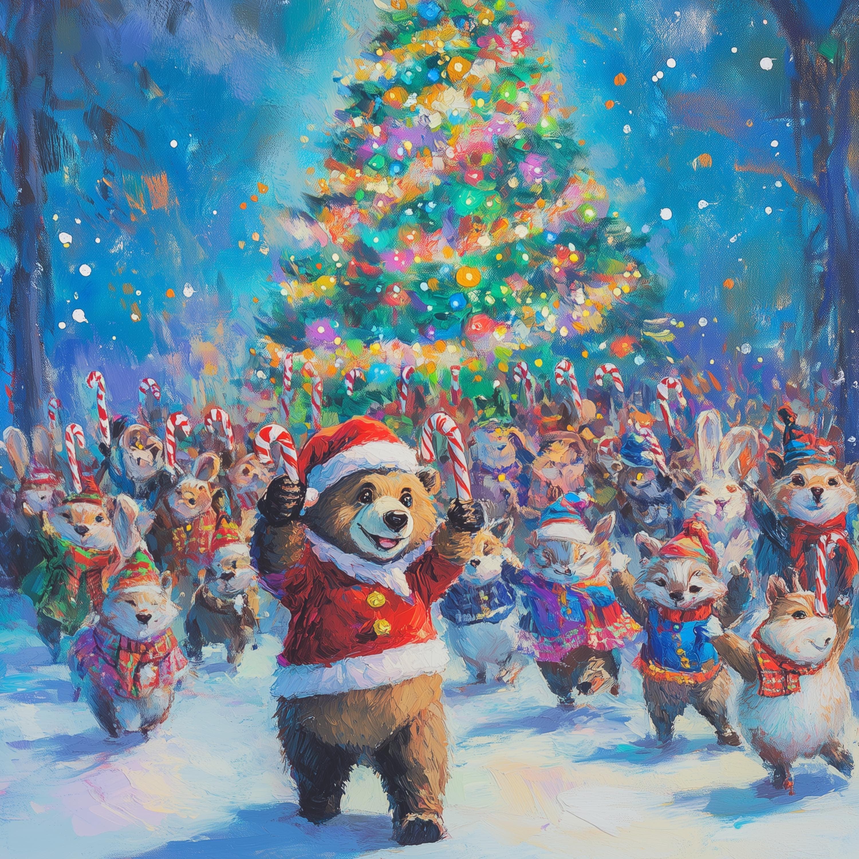 Cute Animal Christmas Parade Art, Christmas Wall Art with Bear & Forest Animals, Holiday Decor for Kids, Kids Room Decor, Festive Wall Art - view 2