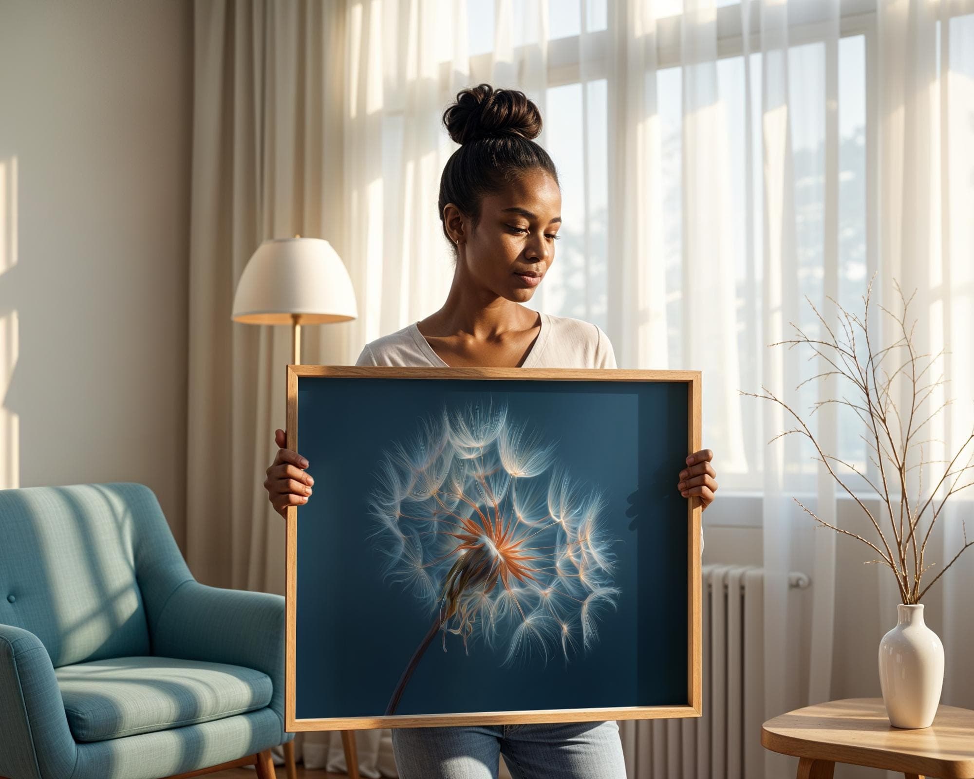 Dandelion Wall Art Digital Botanical Print Blue Background Minimal Nature Flower Poster, Glowing Botanical Digital Print, Dandelion Flower - view 2