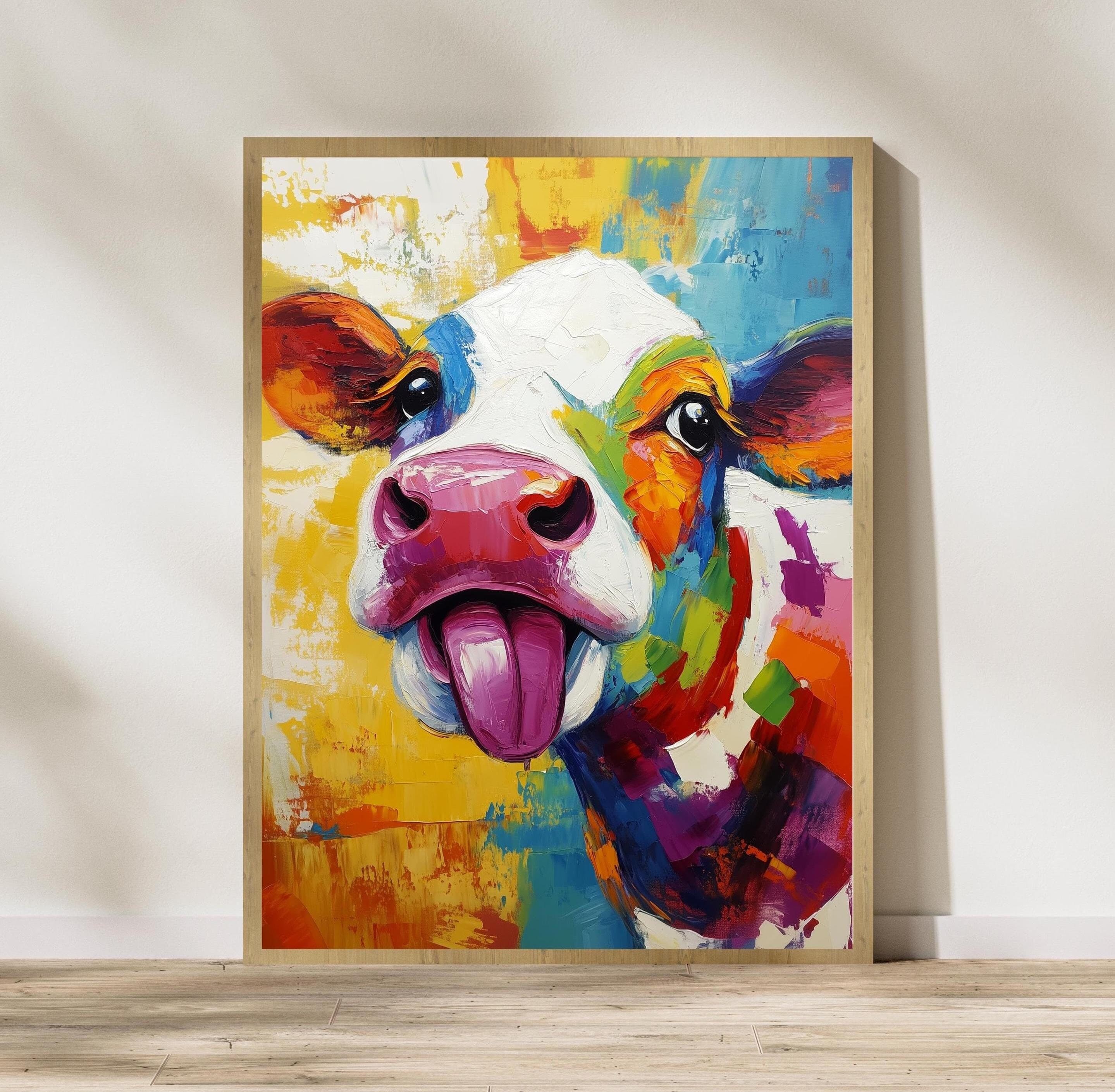 Colorful Bull Painting, Playful Bull with Tongue Out, Abstract Bull Painting, Colorful Pop Art Cow, Digital Bull Wall Art, Colorful Pop Art