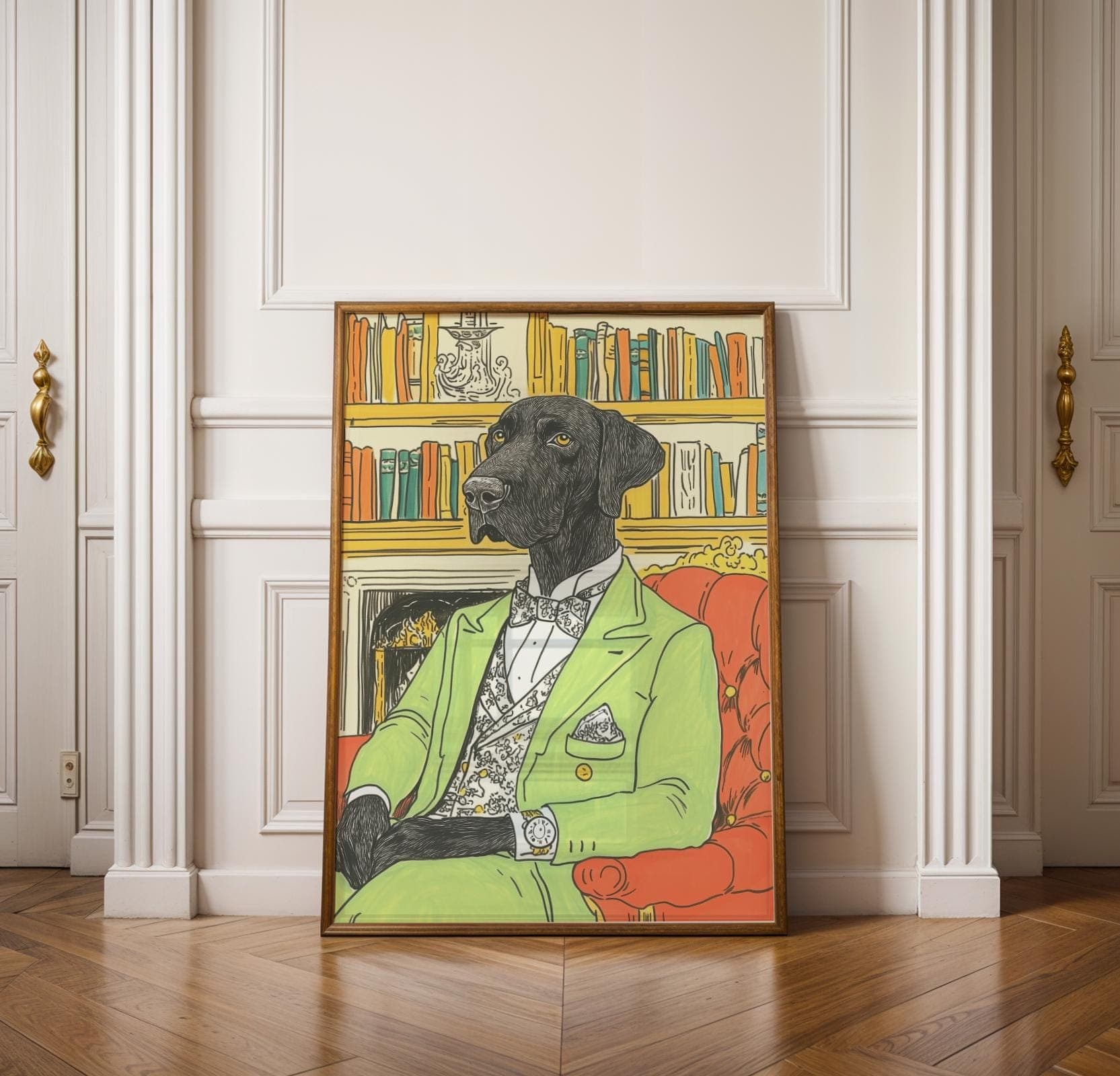 Whimsical Dog Wall Art, Stylish Labrador in Library, Unique Home Decor, Gentleman Dog Print, Maximalist Animal Decor, Preppy Dog Print