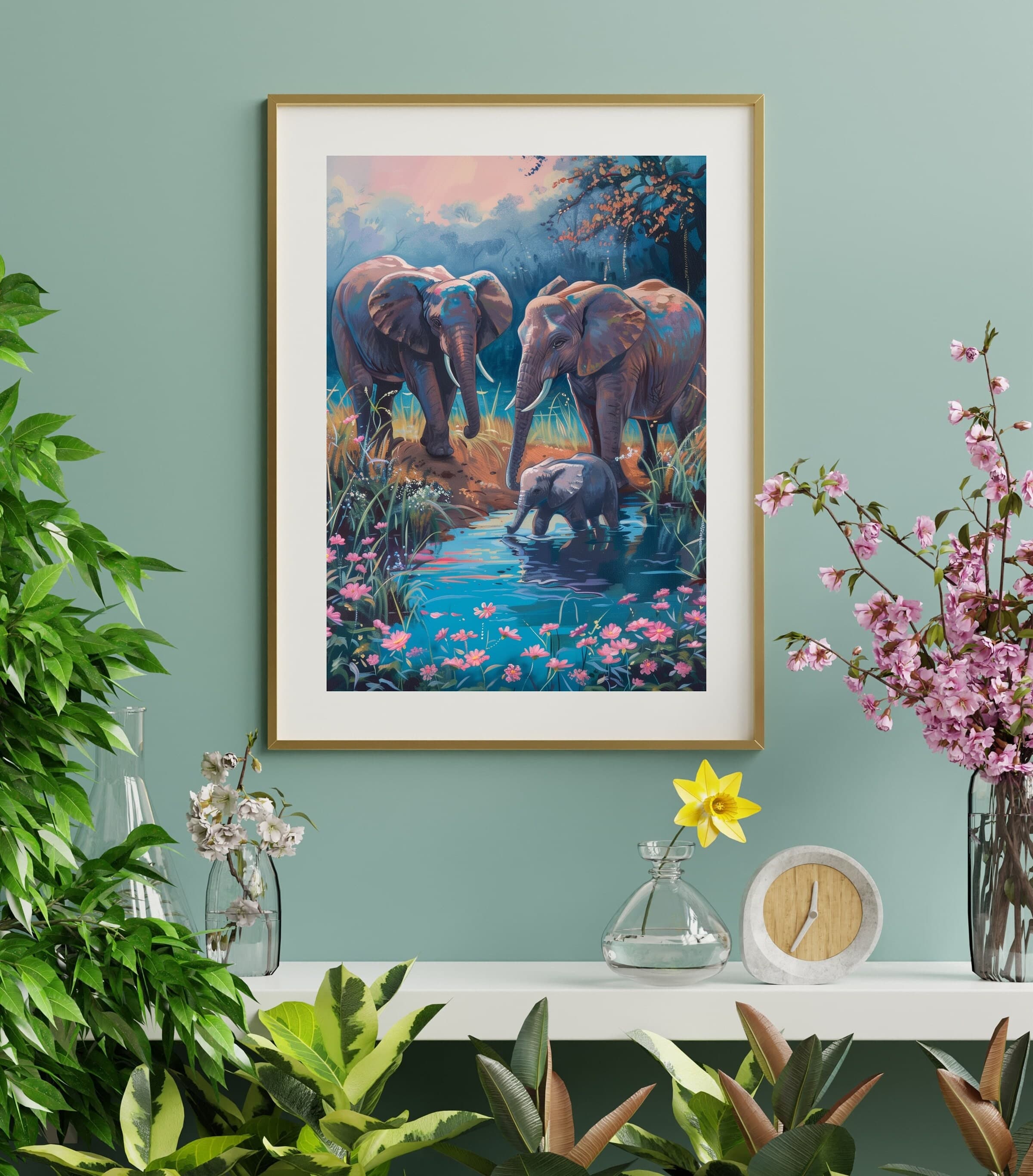 Elephant Family Poster, Oil Painting, Colorful Elephants in Nature Poster, Elephant Family in Nature Oil Painting, Elephants Oil Painting - view 5