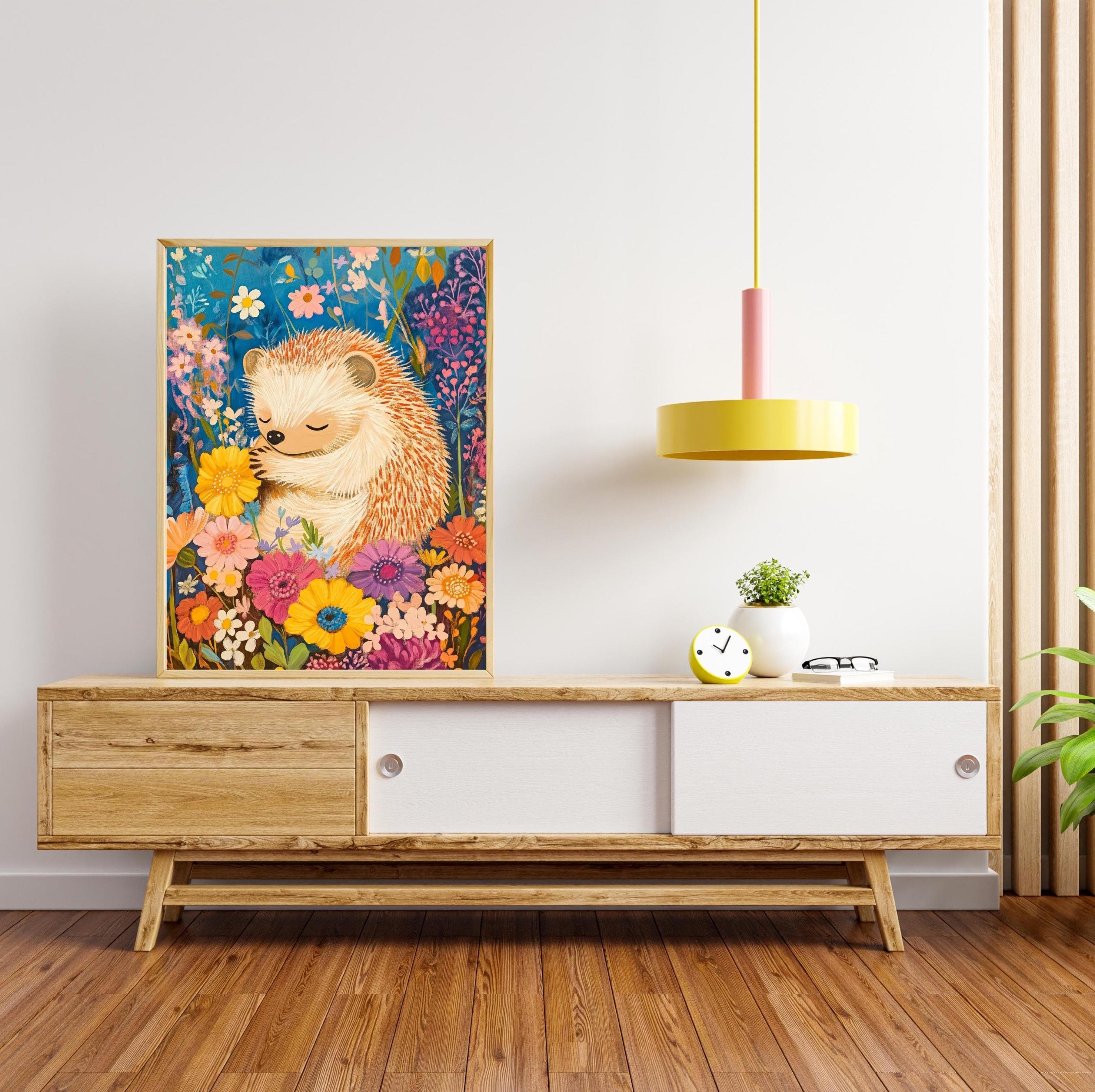 Whimsical Hedgehog Wall Art, Colorful Animal Nursery Art, Nature Wall Decor, Whimsical Hedgehog in Flower Garden, Oil Painting Hedgehog Art - view 3