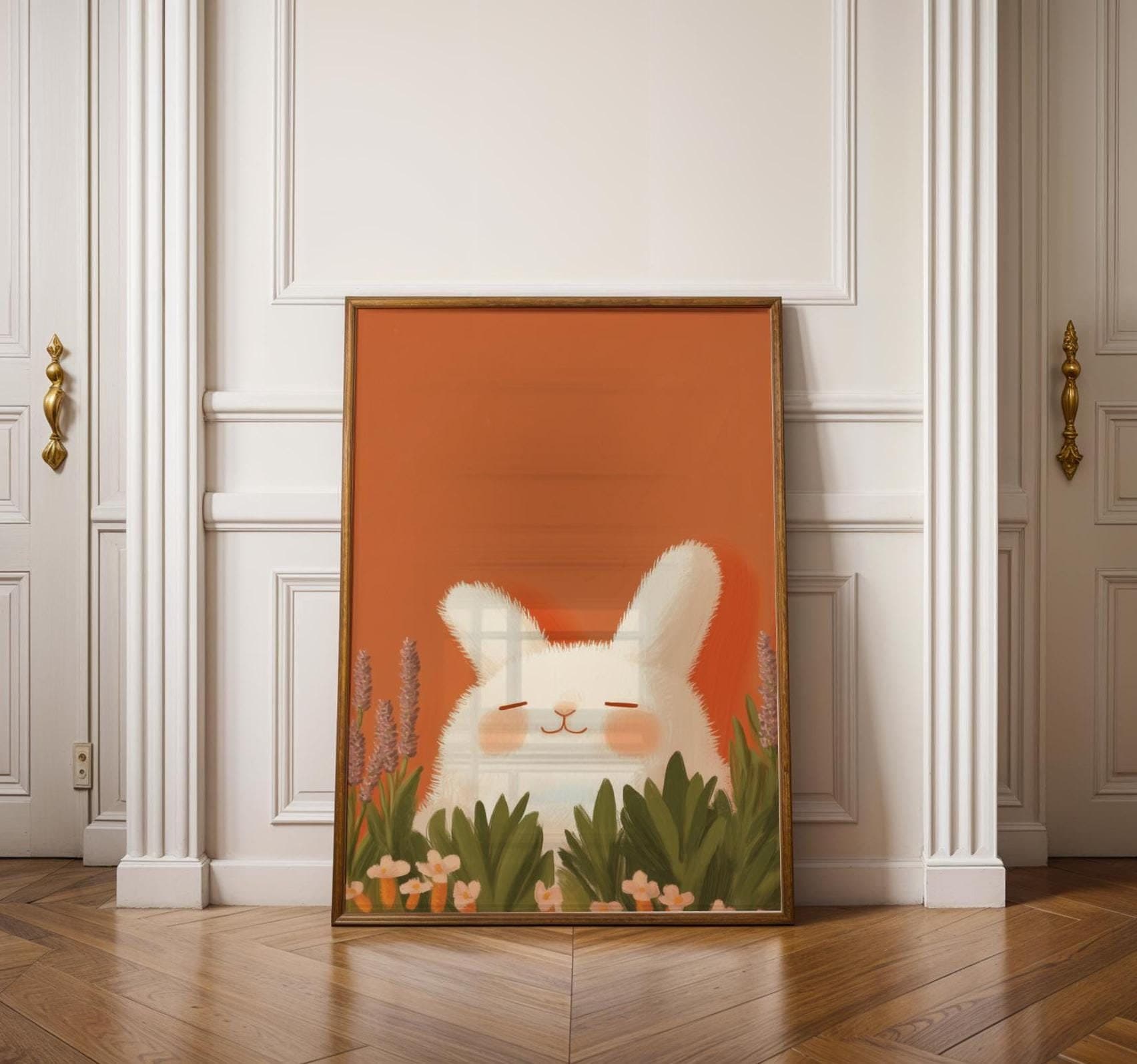 Whimsical Bunny Wall Art, Kids Room Animal Art, Fluffy Bunny Orange Painting, Baby Room Wall Art, Dreamy Baby Room Art, Soft Orange Wall Art