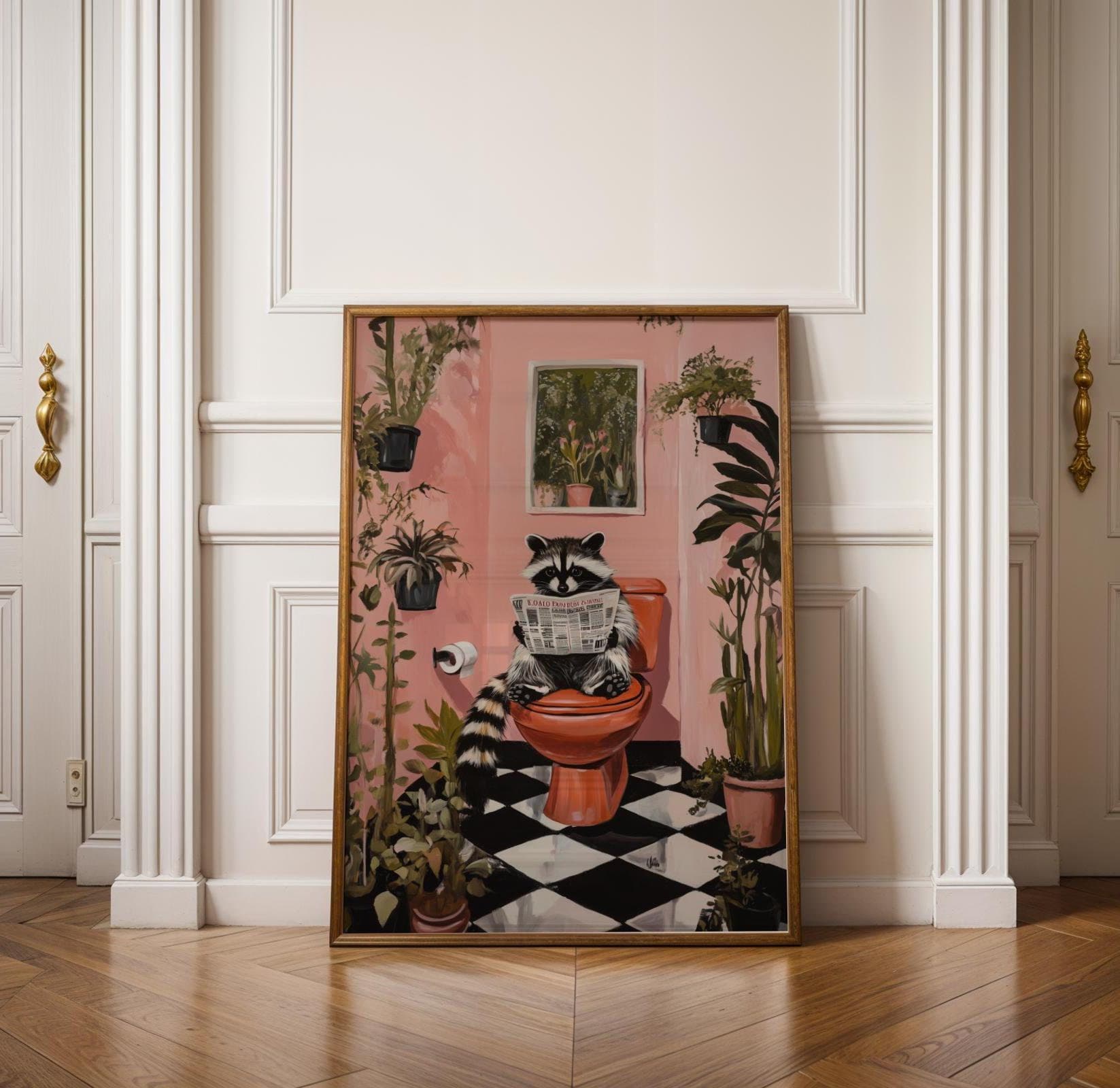 Cute Racoon on Toilet, Funny Bathroom Decor, Pintable Racoon, Funny Racoon Reading on Toilet, Humor Cute Racoon Poster, Matisse Painting