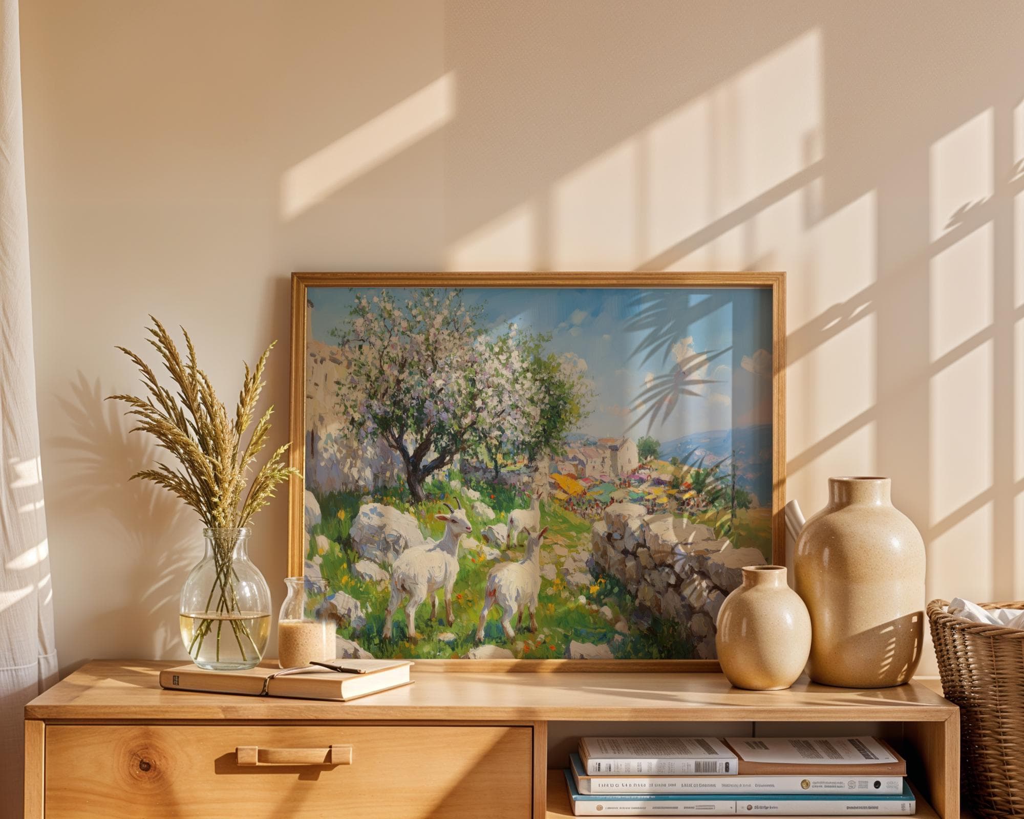 Spring Goat Pasture Wall Art Print, Mediterranean Village Market Landscape Painting, Blooming Tree Countryside Decor, Blooming Orchard Print - view 6