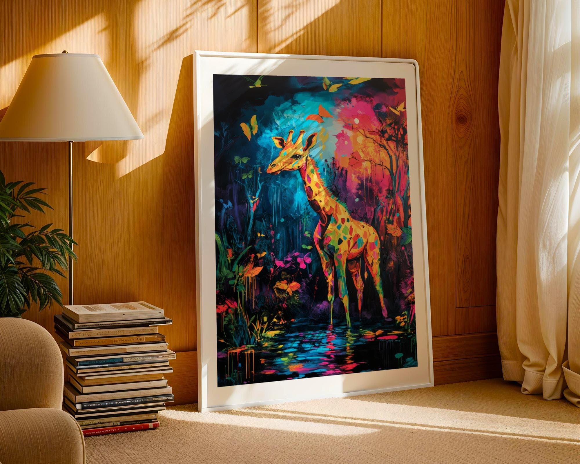 Colorful Giraffe Wall Art, Giraffe Wall Decor, Digital Animal Wall Art, Neon Giraffe in Jungle Poster, Colorful Animal Wall Art, Giraffe Art - view 7