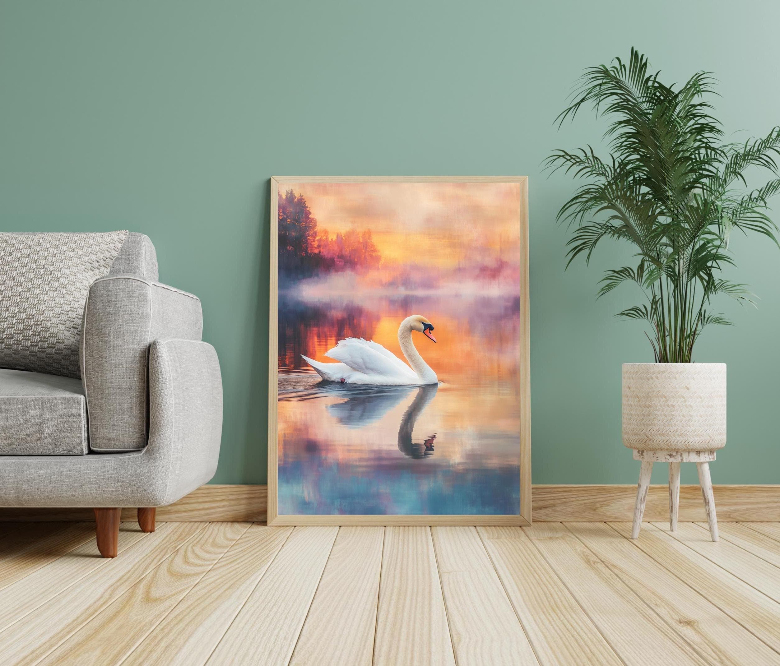 Swan Art Print, Wildlife Art Print, Maximalist Wall Art, Antique Swan Wall Art, Pastel Farmhouse Nursery Painting, White Swan Art Print - view 3