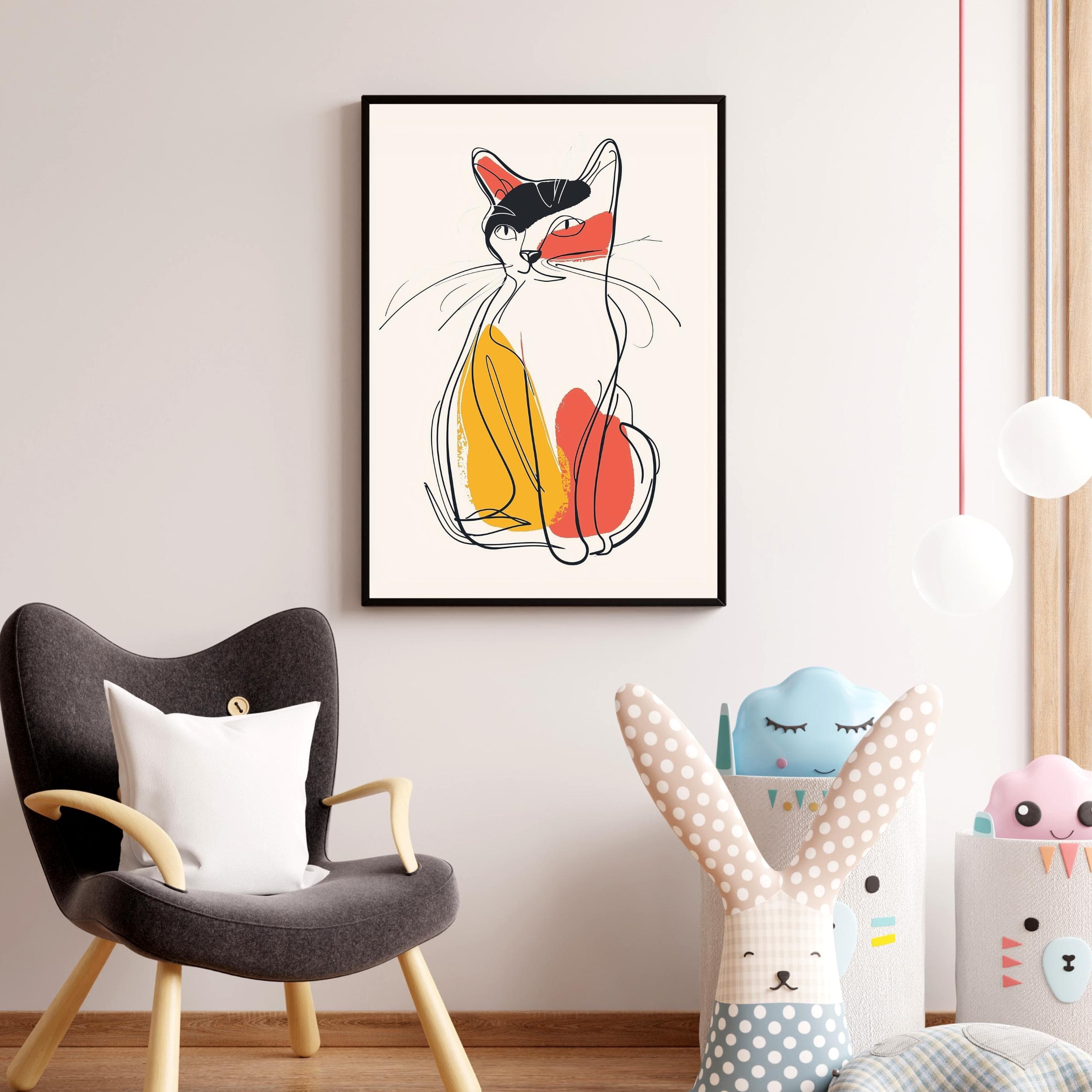 Abstract Cat Poster, Abstract Yellow and Red Cat Illustration, Minimalist Wall Decor, Whimsical Cat Art Print, Minimalist Cat Wall Decor - view 5