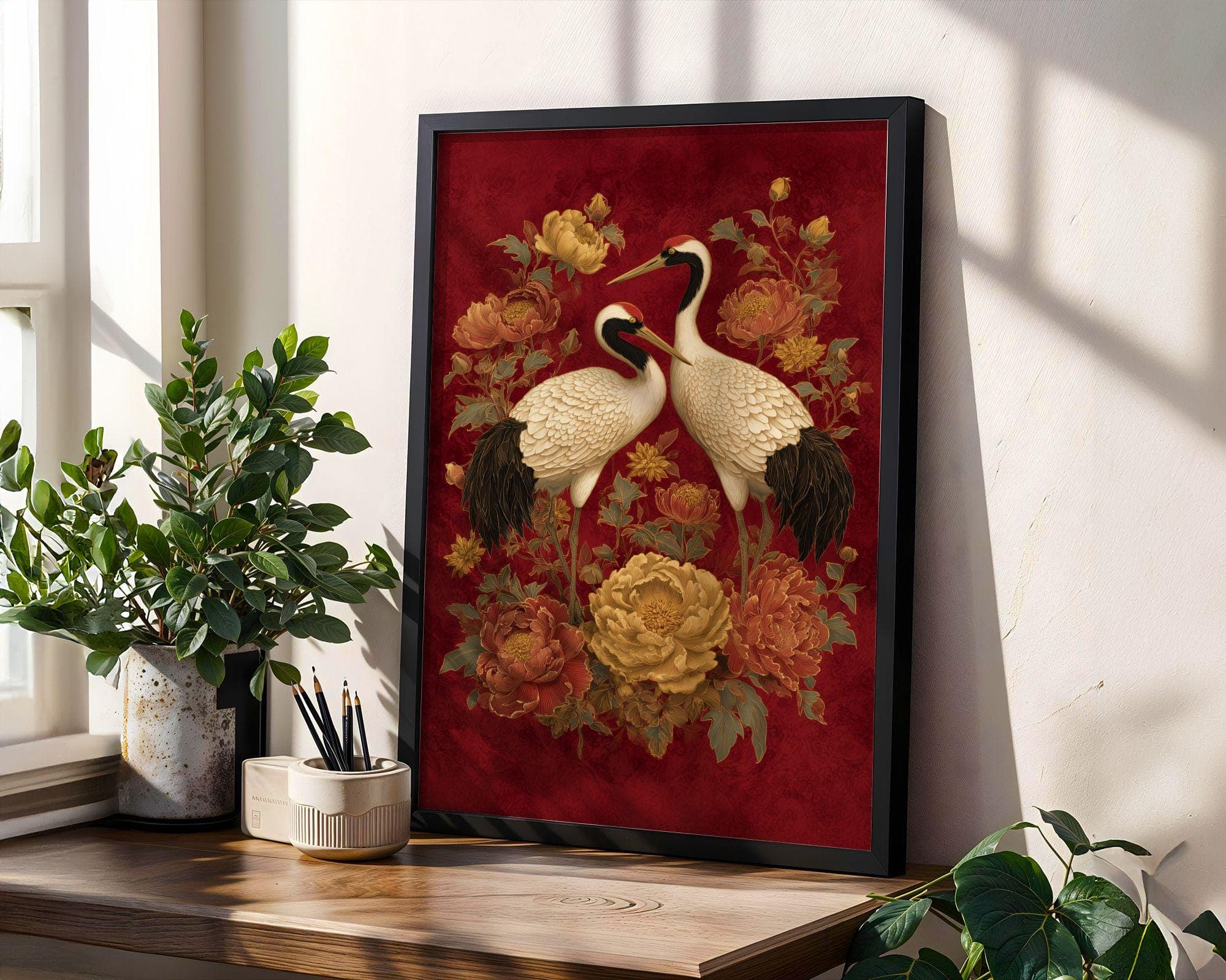 Crane Wall Art Red Gold Oriental Painting, Japanese Crane Wall Art, Red Gold Asian Bird Painting, Peony Flower Art, Oriental Decor, Japandi - view 2
