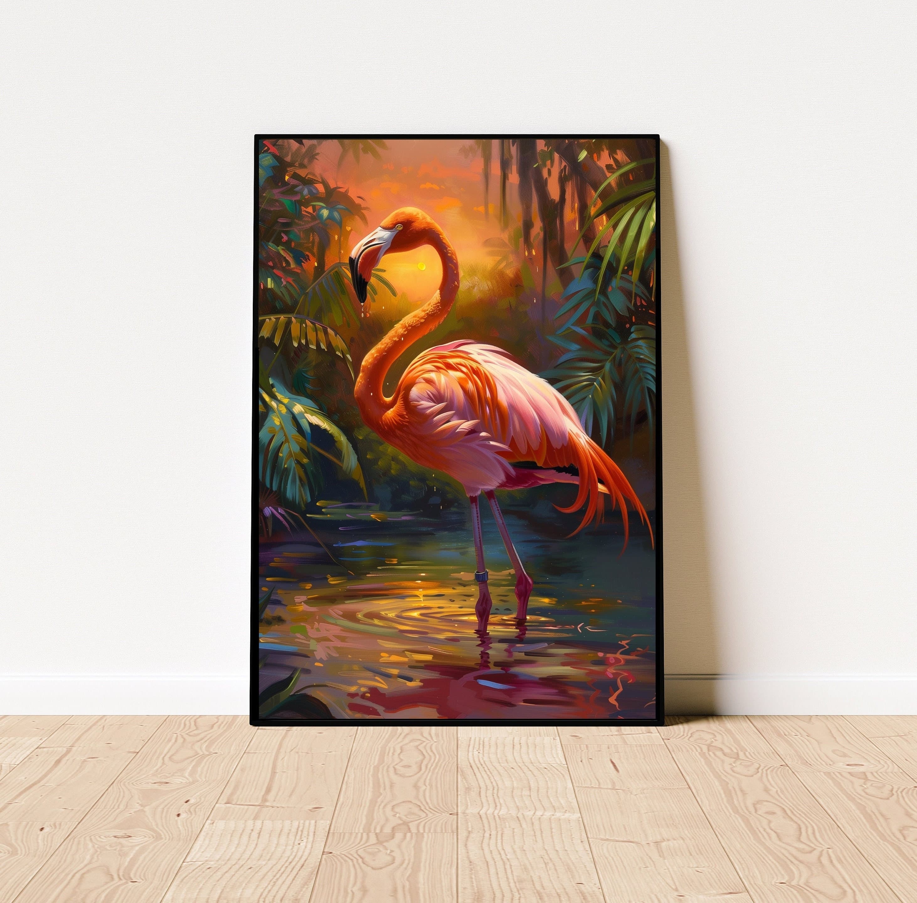 Flamingo Sunset Poster, Oil Painting, Printable Flamingo Wall Art, , Flamingo Print, Tropical Bird Sunset Print, Flamingo Digital Print