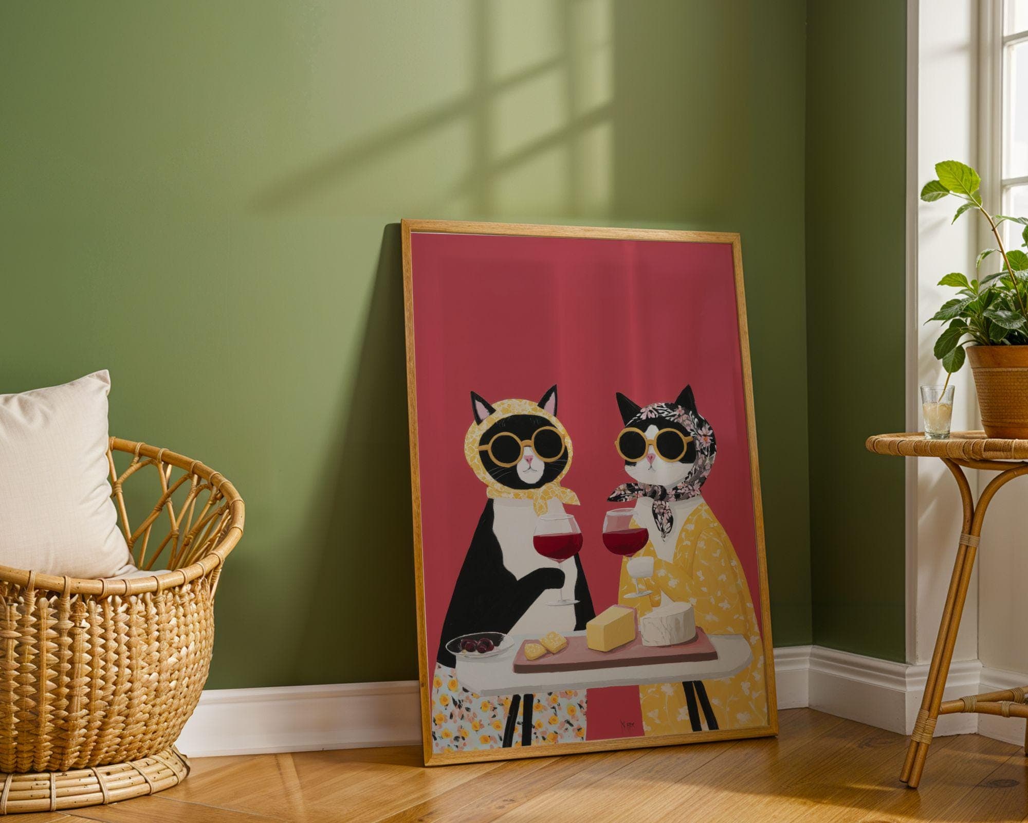 Funny Cat Couple Wine Wall Art, Quirky Cats Kitchen Decor, Pop Art Cat Couple Print - view 3