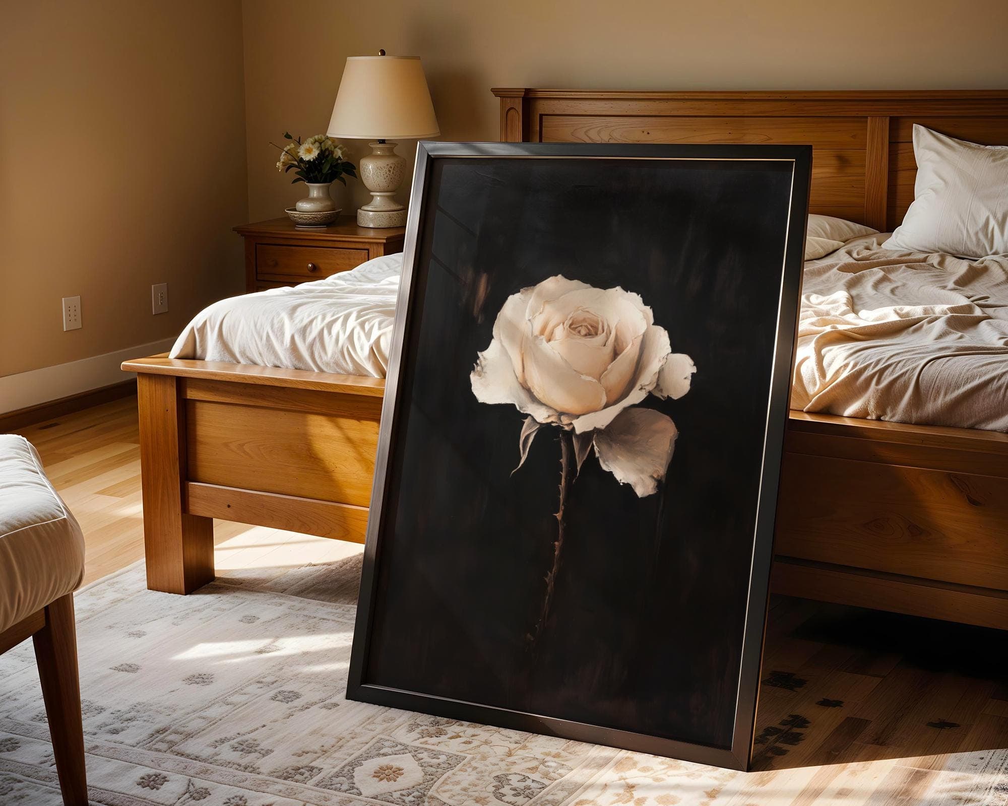 Faded Rose Portrait Print, White Rose Wall Art – Minimalist Oil Painting Floral Print, White Botanical Flower Print, Moody Floral Print - view 2