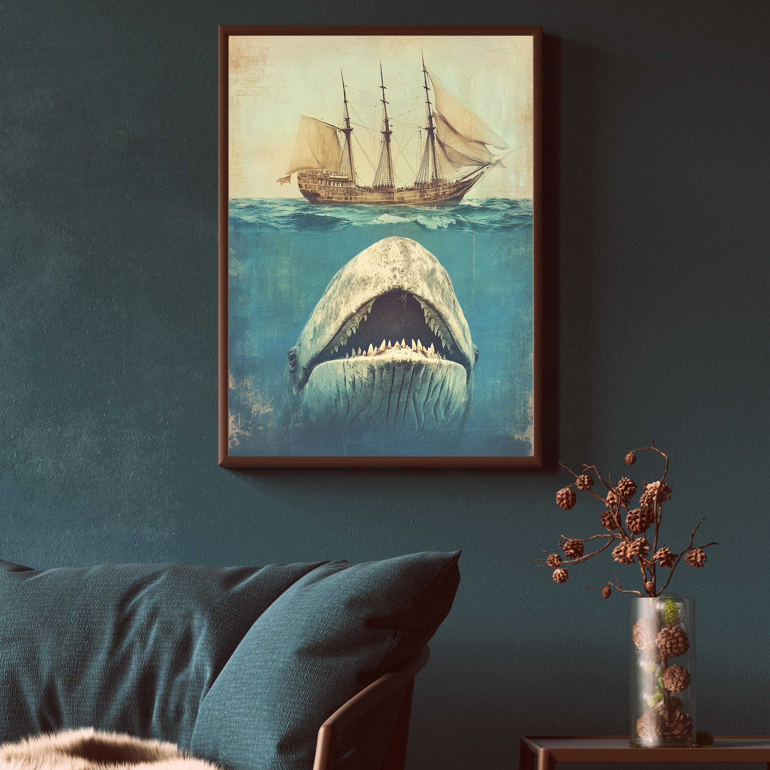 Whale Art, Under the Sea Illustration, Retro, Sea Animals, Crude Area The Whale Large and Ship, Whale and Sail Art, Whale Print, WhalePoster - view 5