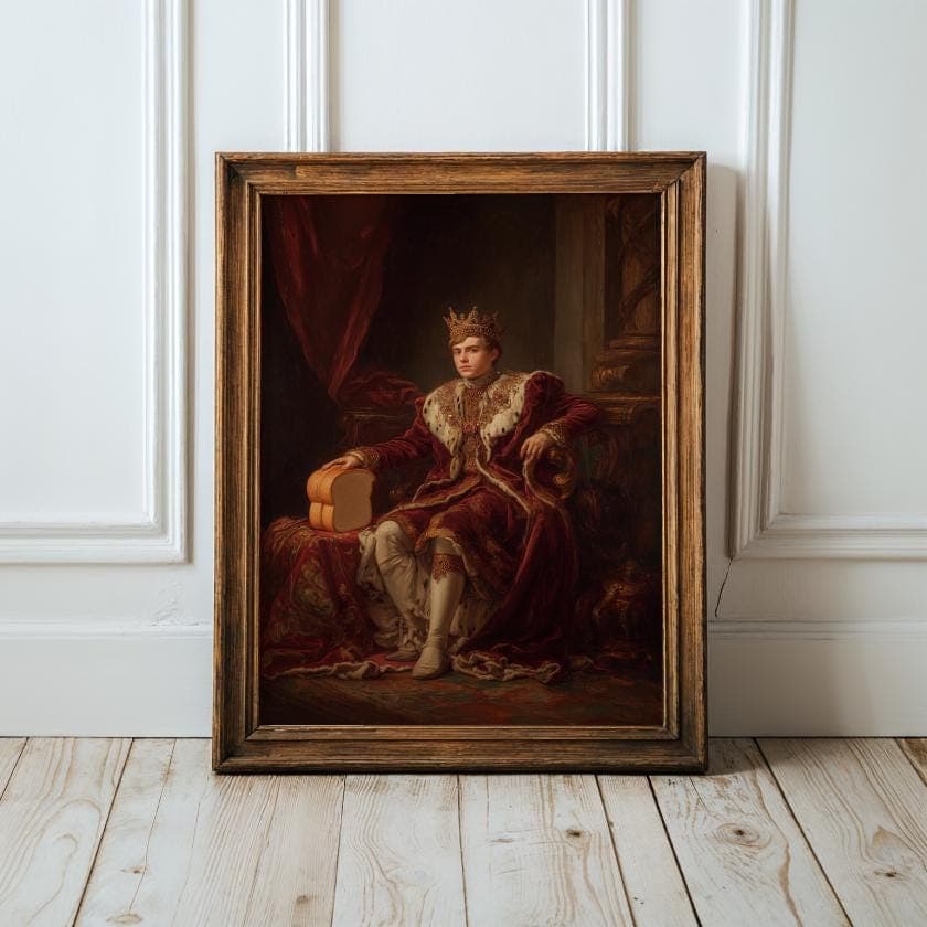 Funny King Holding Bread Renaissance Portrait, Humorous Meme Art (Digital Download)