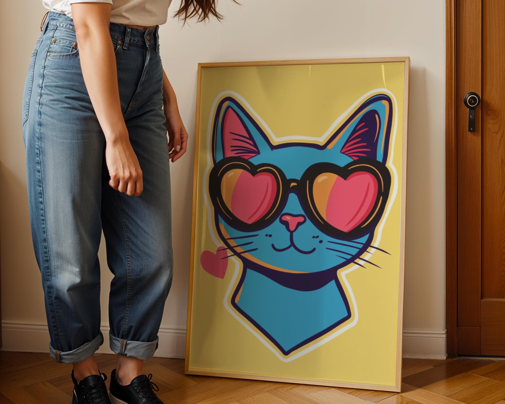 Retro Cat Wall Art, Blue Cat Pop Art, Quirky Cat Poster, Retro Aesthetic Wall Decor, Funky Retro Cat Poster, Digital Download, Quirky Art - view 4