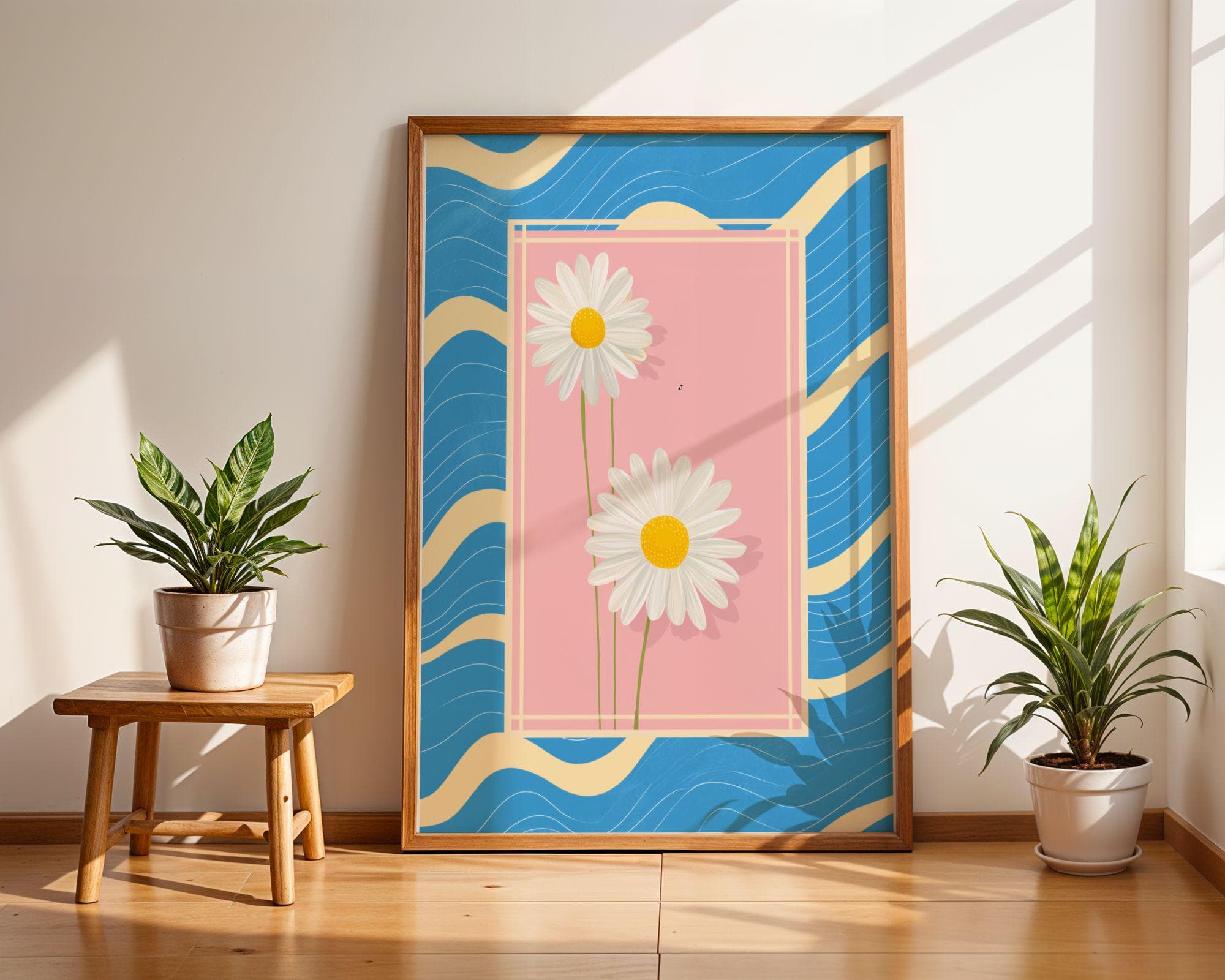 Daisy Flower Wall Art – Pastel Pink and Blue Retro Print, Coquette Room Decor, Cottagecore Daisy Poster, Coastal Floral Art, Pink Floral Art - view 6