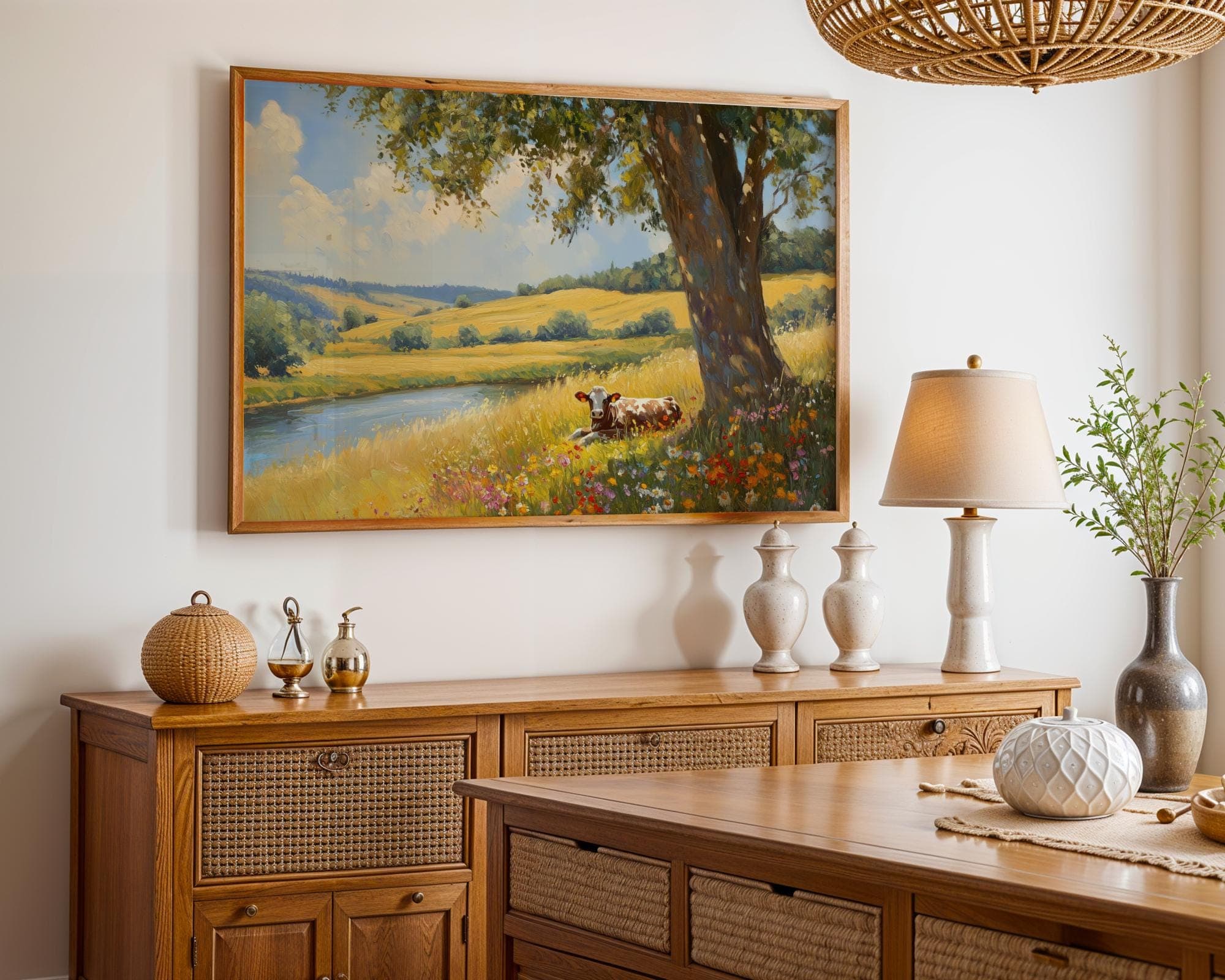 Pastoral Landscape Cow Wall Art, Peaceful River and Wildflower Field Painting, Country Wall Art Print, Country Cottage Art, Landscape Art - view 6