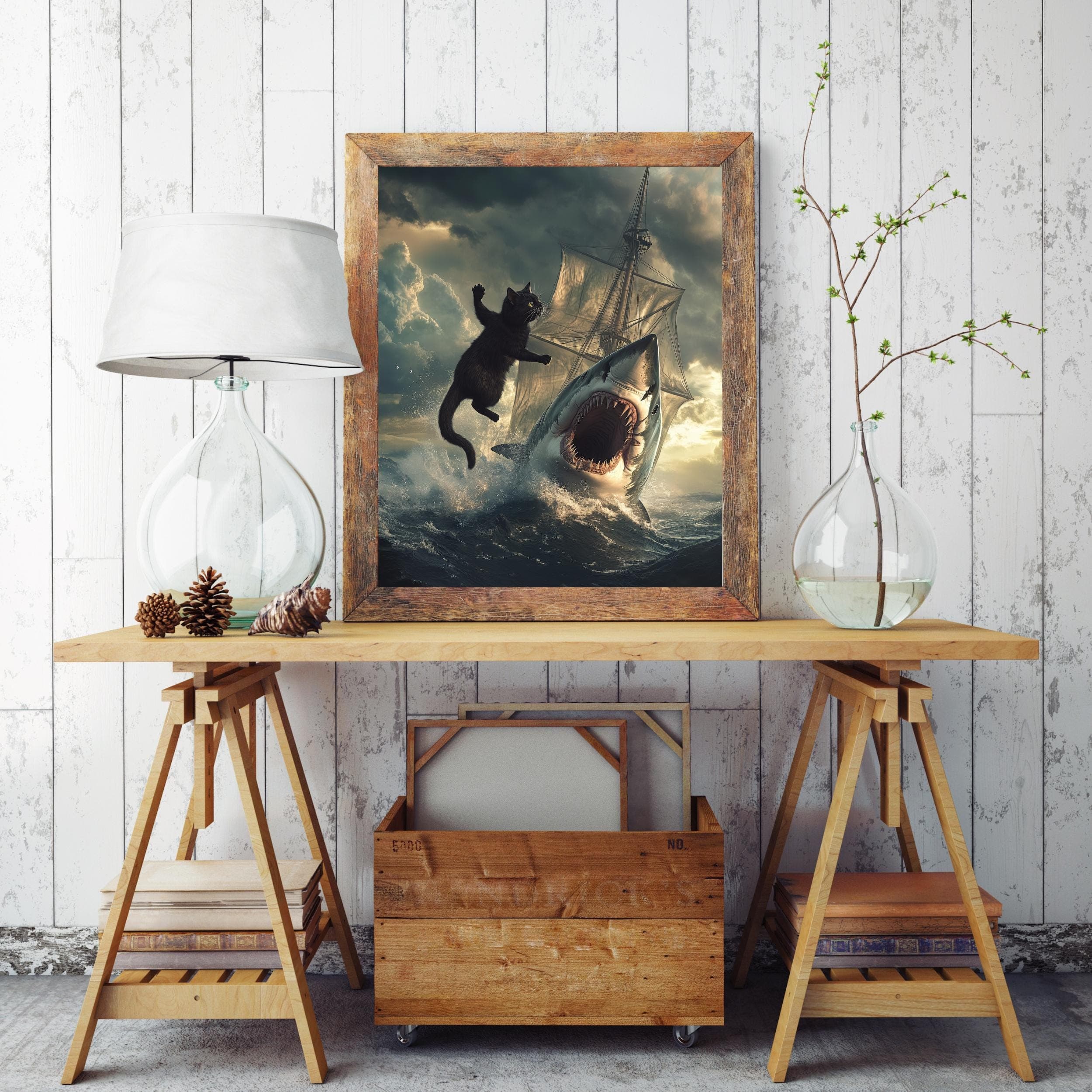 Black Cat in a Sea Battle with Shark Wall Art, Stunning Digital Wall Art, Maximalist Cat and Shark Wall Art, Funny Black Cat Wall Decor - view 4