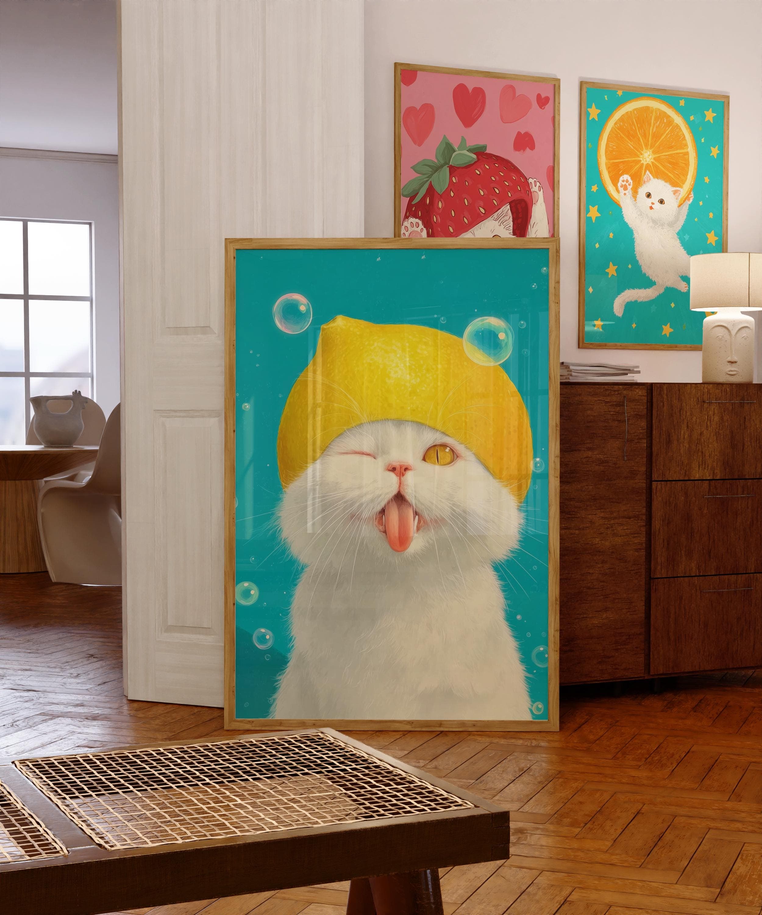 Funny Lemon Hat White Cat Art Print, Whimsical Animal Wall Art, Cute Playful Kitten Wall Art, Art Digital Download, Kawaii Cute Animal Art