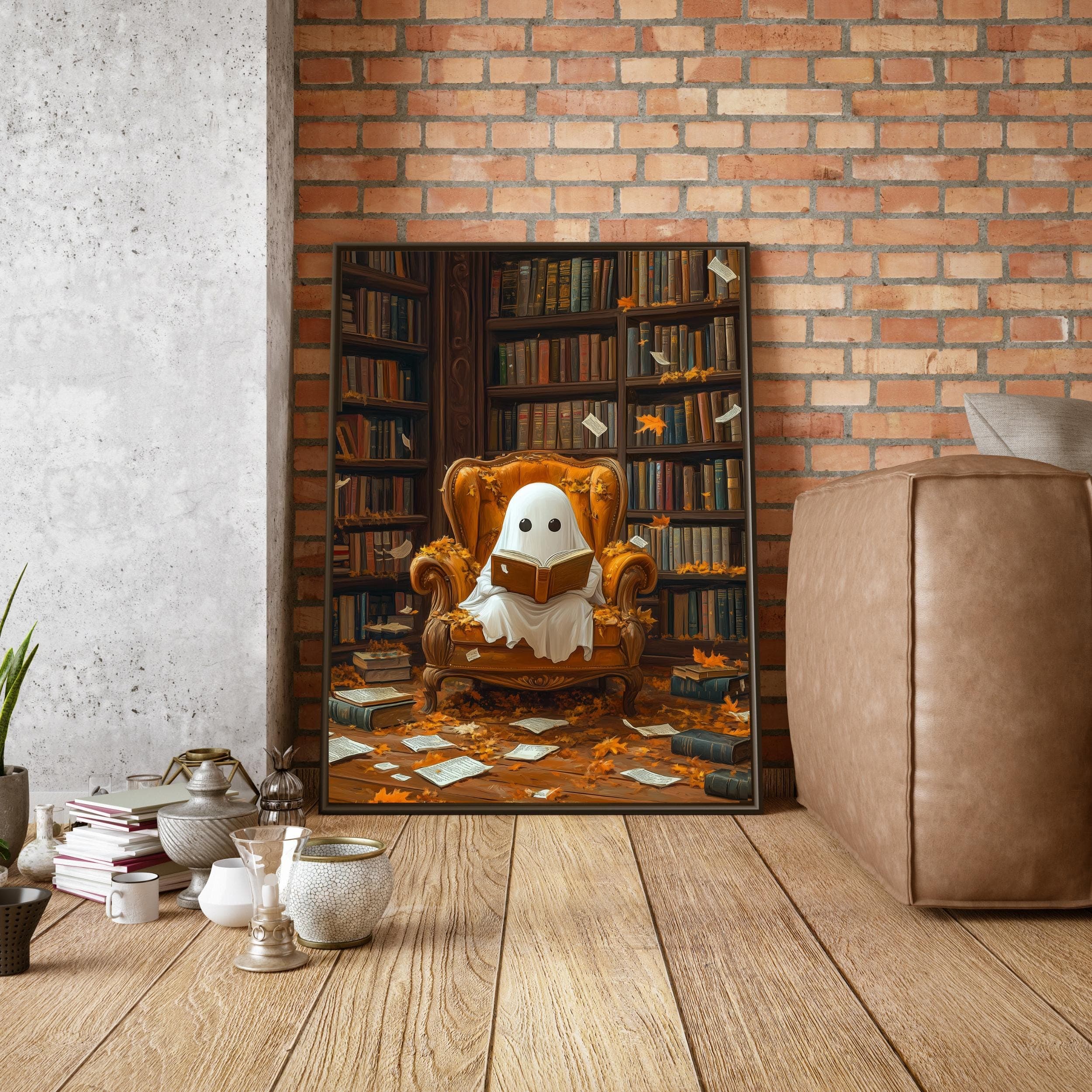 Cute Halloween Ghost Reading a Book, Whimsical Halloween ghost wall art, Spooky Cute Halloween ghost Print, Bookish art Book lover, Ghost - view 3