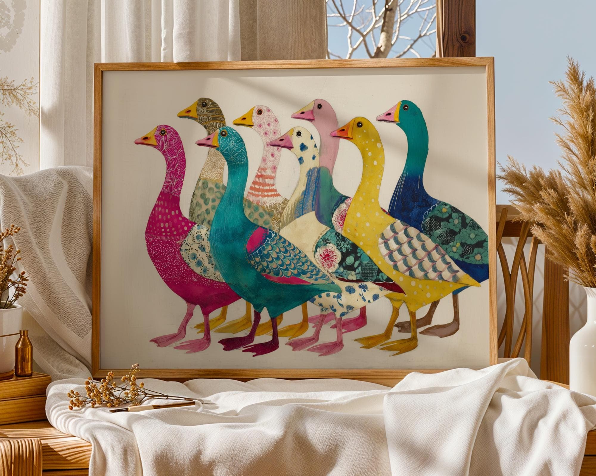 Colorful Goose Parade Art Print - Whimsical Animal Wall Decor, Funky Goose Wall Art, Quirky Goose Gang Poster - Modern Farm Animal Art