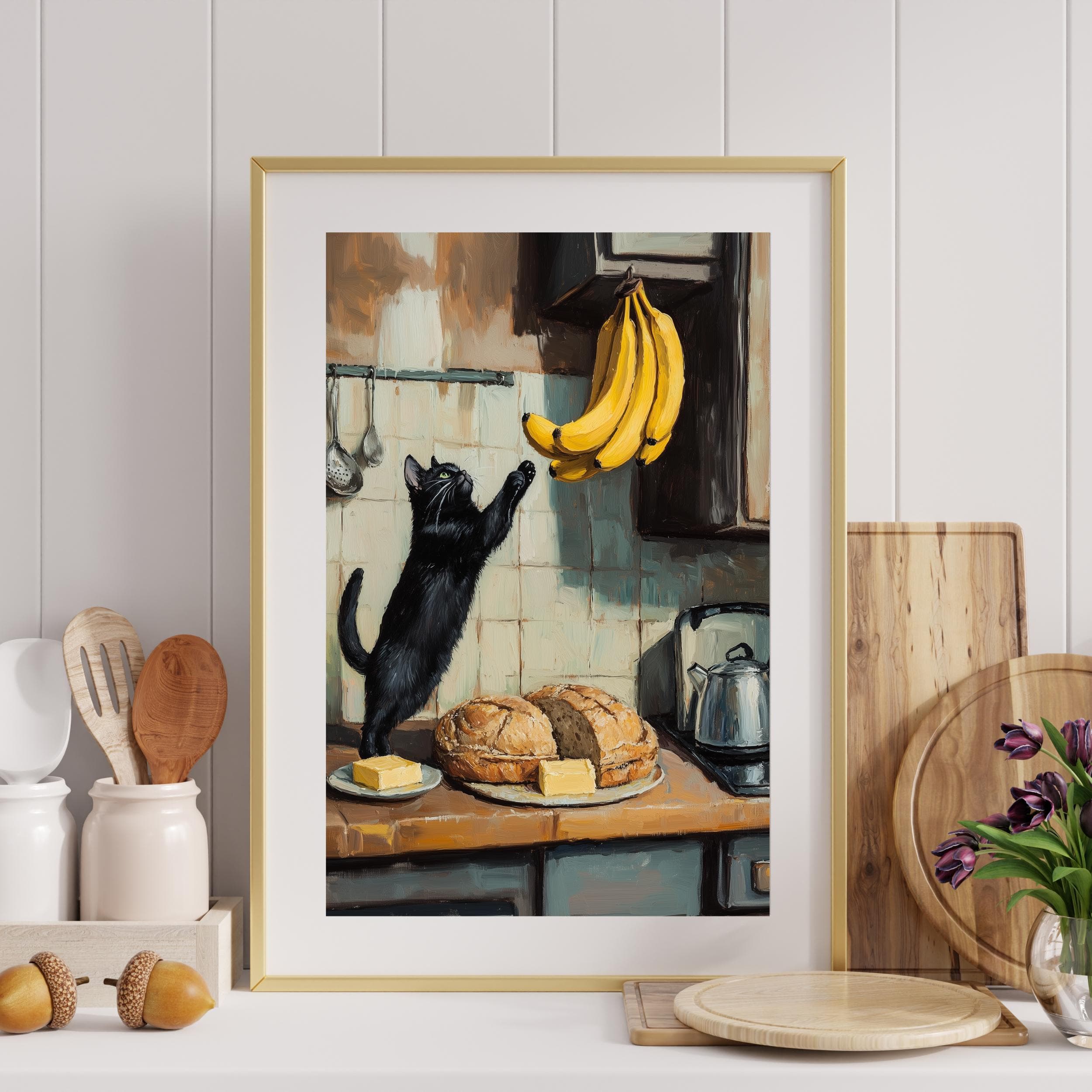 Vintage Black Cat in Kitchen – Whimsical Wall Art, Playful Black Cat Kitchen Art, Perfect Cat Lover Gift, Black Cat and Bananas Wall Art - view 3