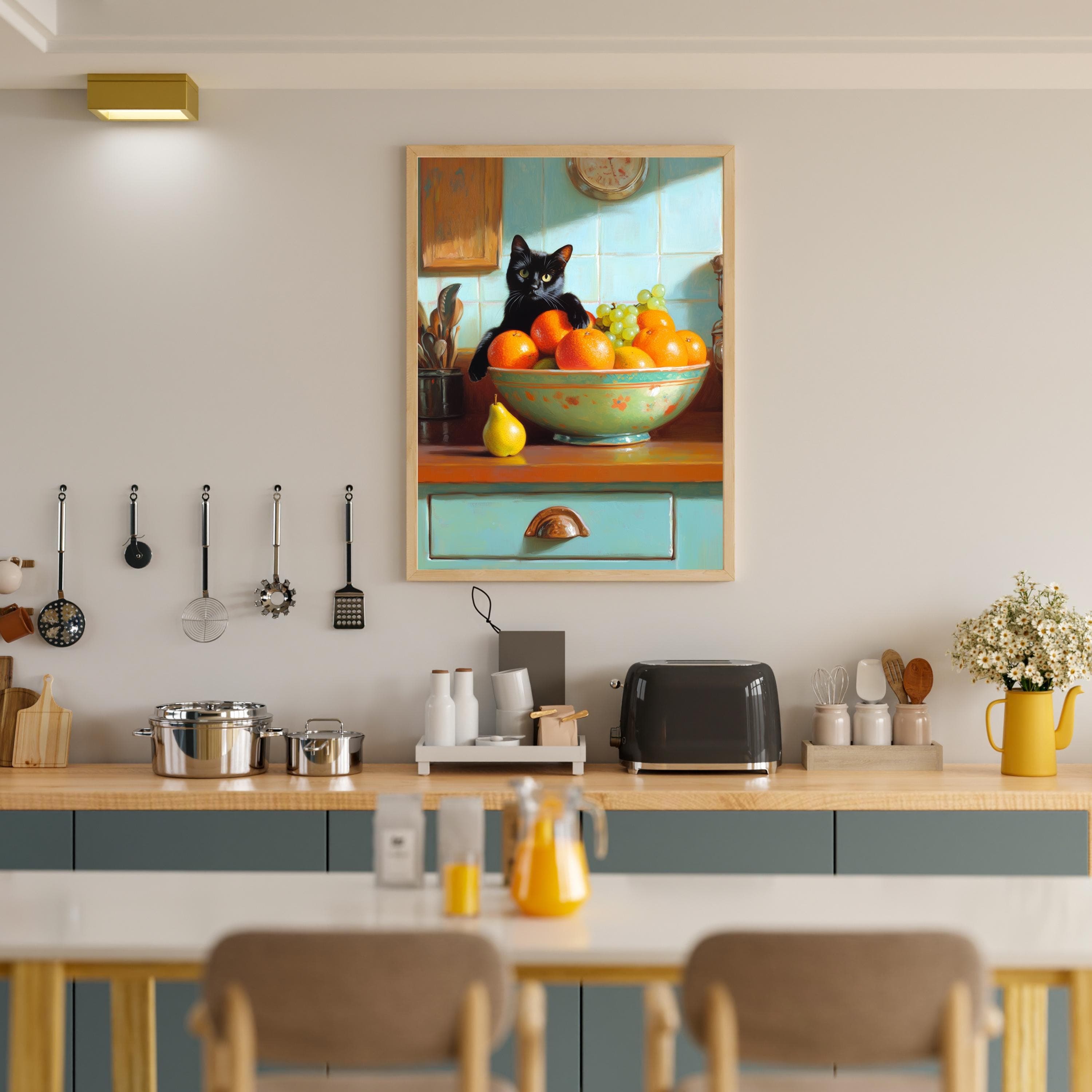 Black cat with fruit bowl painting, Playful kitchen wall art, Orange and grape still life painting, Colorful kitchen wall decor, Kitchen Art - view 3