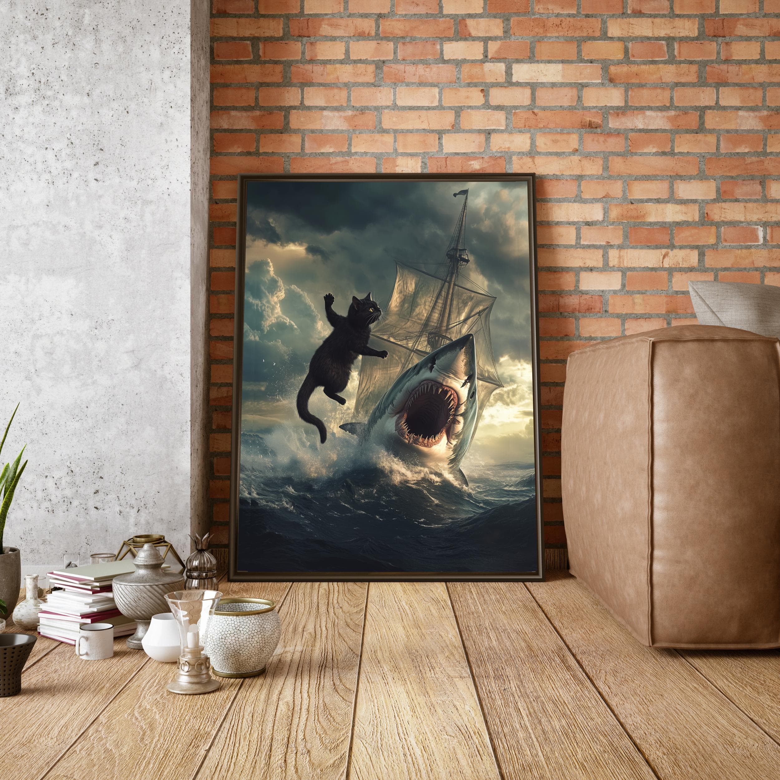 Black Cat in a Sea Battle with Shark Wall Art, Stunning Digital Wall Art, Maximalist Cat and Shark Wall Art, Funny Black Cat Wall Decor - view 3