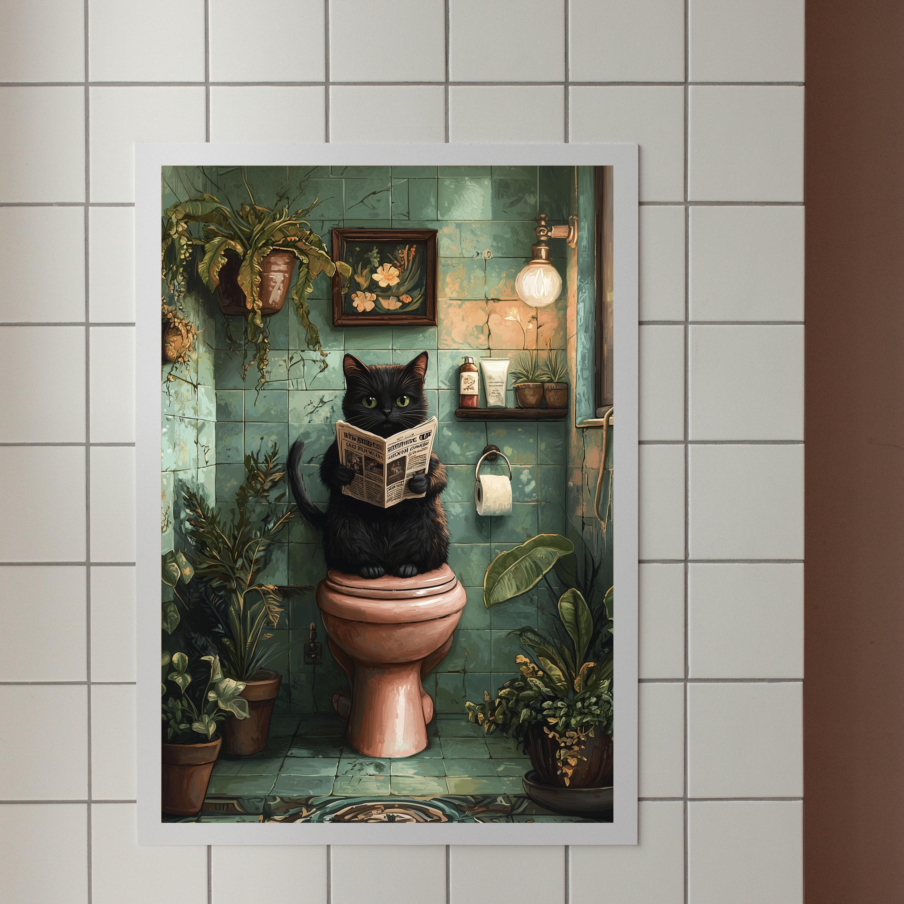 Vintage Black Cat Bathroom Wall Art, Toilet Fun Wall Art, Funny Black Cat Bathroom Art, Quirky Bathroom Wall Decor, Whimsical Bathroom Print - view 6