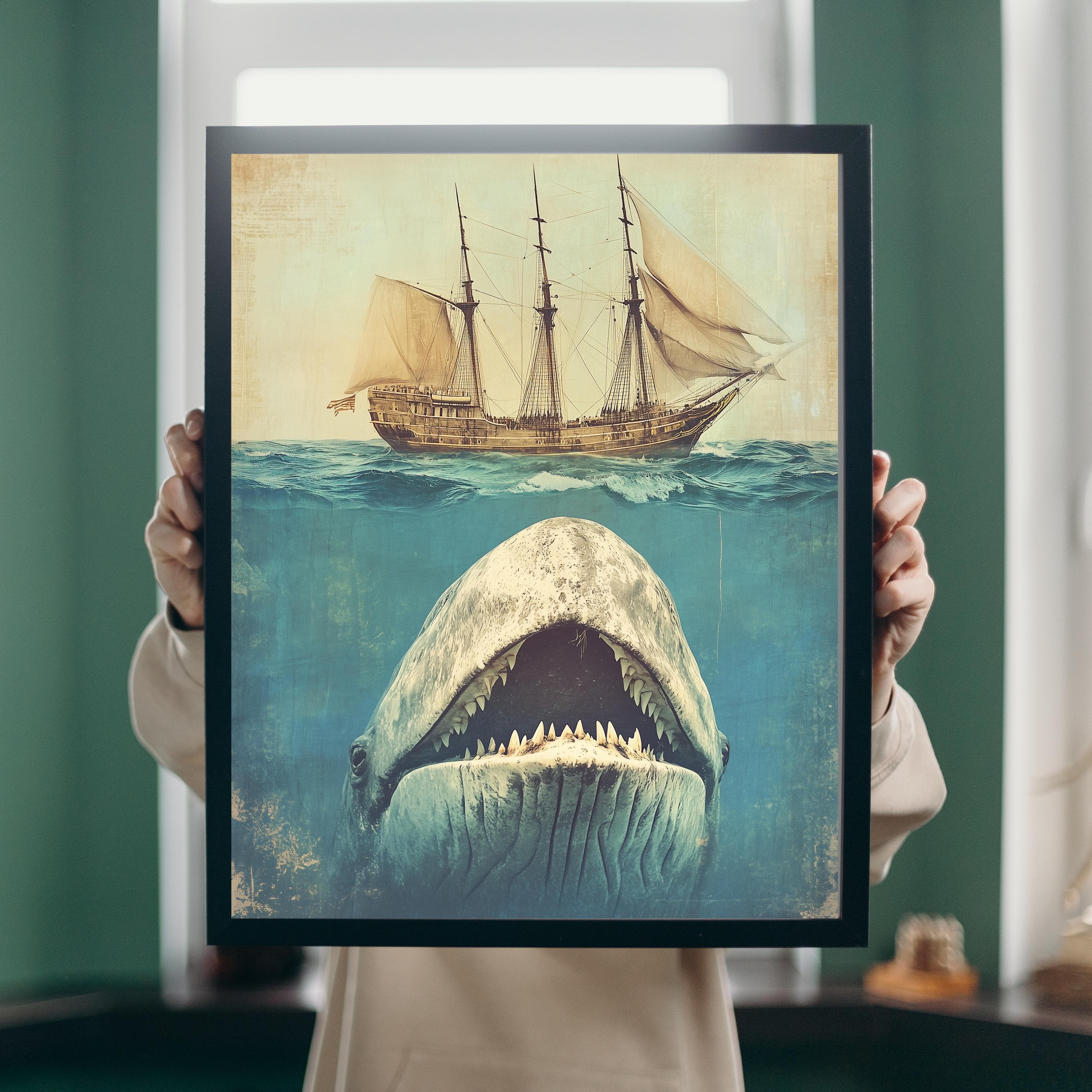 Whale Art, Under the Sea Illustration, Retro, Sea Animals, Crude Area The Whale Large and Ship, Whale and Sail Art, Whale Print, WhalePoster - view 6