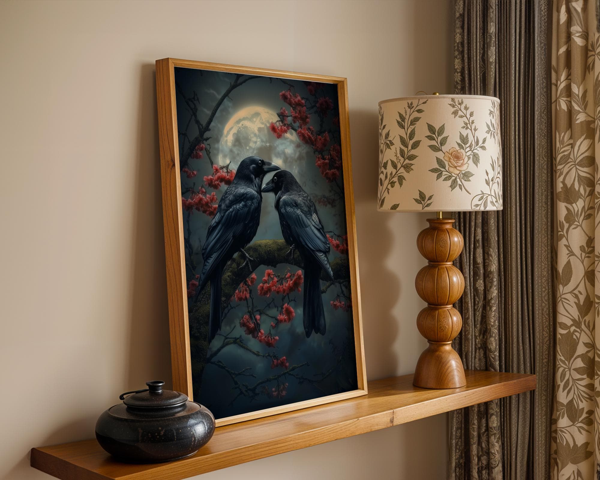 Moonlit Ravens Wall Art Print, Gothic Romance Crow Poster, Dark Academia Raven and Cherry Blossom Painting, Dark Romantic art, Gothic Art - view 2