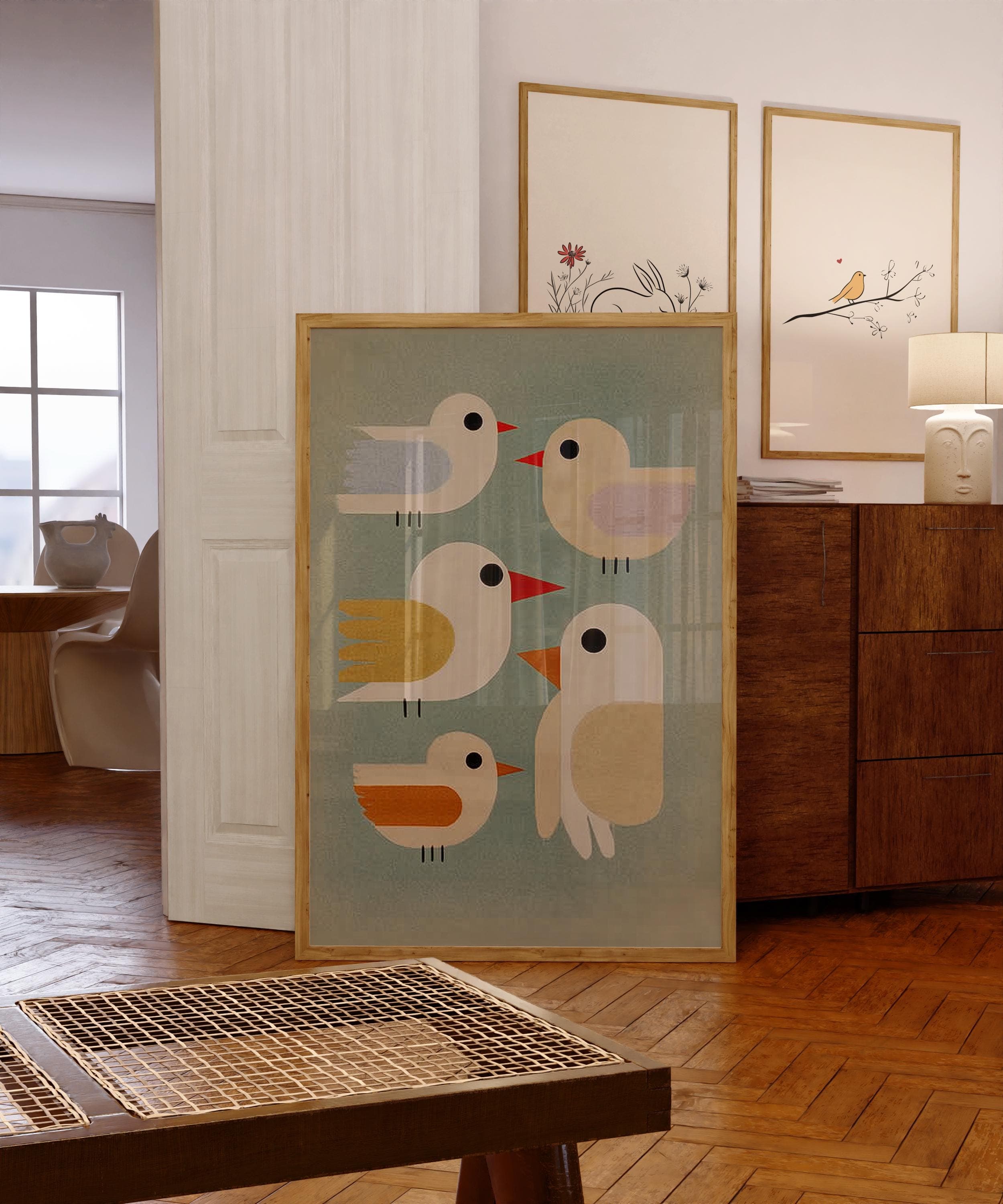 Colorful Minimal Bird Print, Mid Century Modern Bird Wall Art, Retro Minimalist Birds Print on Blue, Scandinavian Nursery Decor, Bird Print
