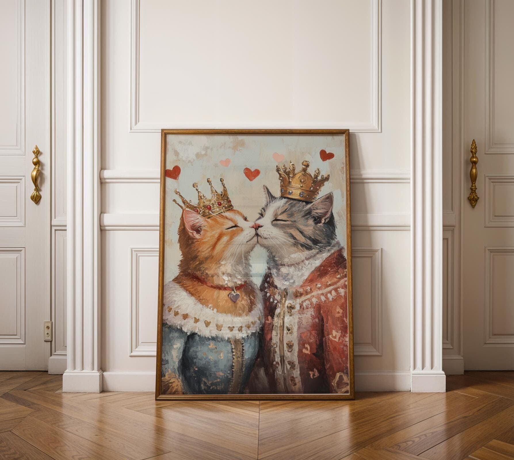 Royal Cat Couple Wall Art, Cat Couple Painting, Quirky Cat Poster, Regal Cats Painting, Whimsical Couple Decor, Fantasy Art, Cat Print