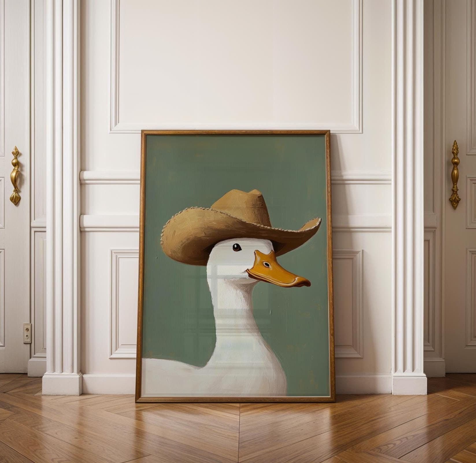 Silly Cowboy Goose Print, Green Western Nursery Printable Art, Neutral Southeastern Boy Room Animal Wall art, Cowboy hat, Digital Download