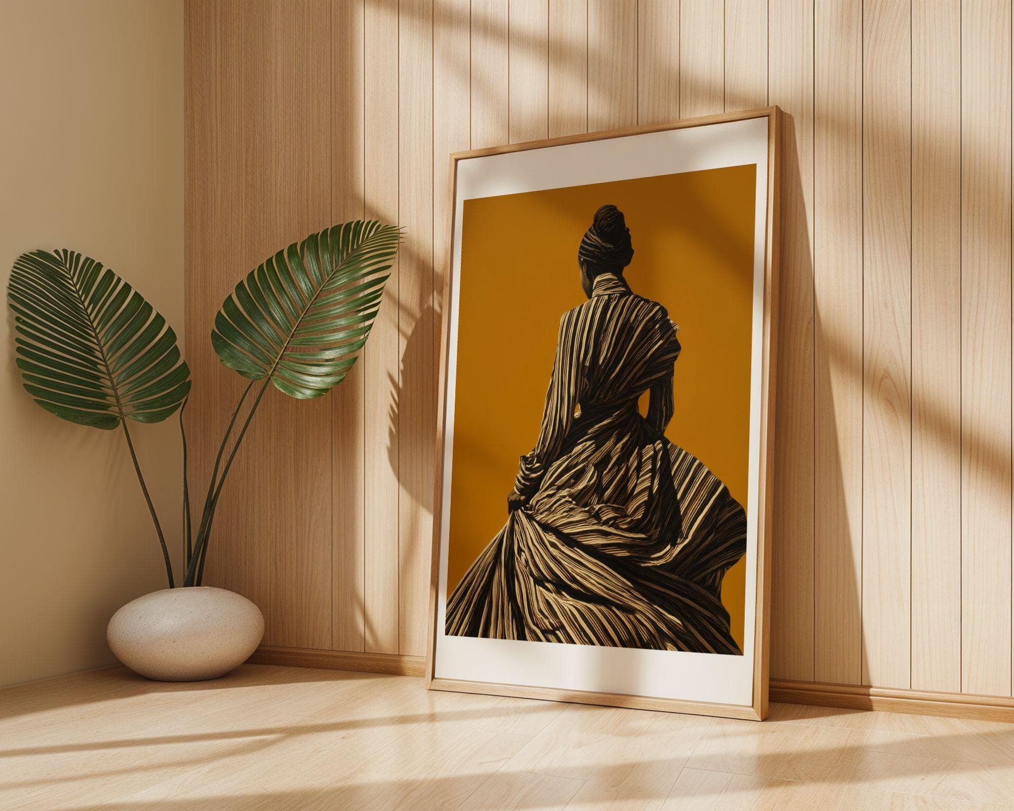 Black Woman Wall Art, Fashion Portrait Print, Modern Woman Wall Art, Black White Striped Dress Print, Mustard Yellow Background, Digital Art - view 3