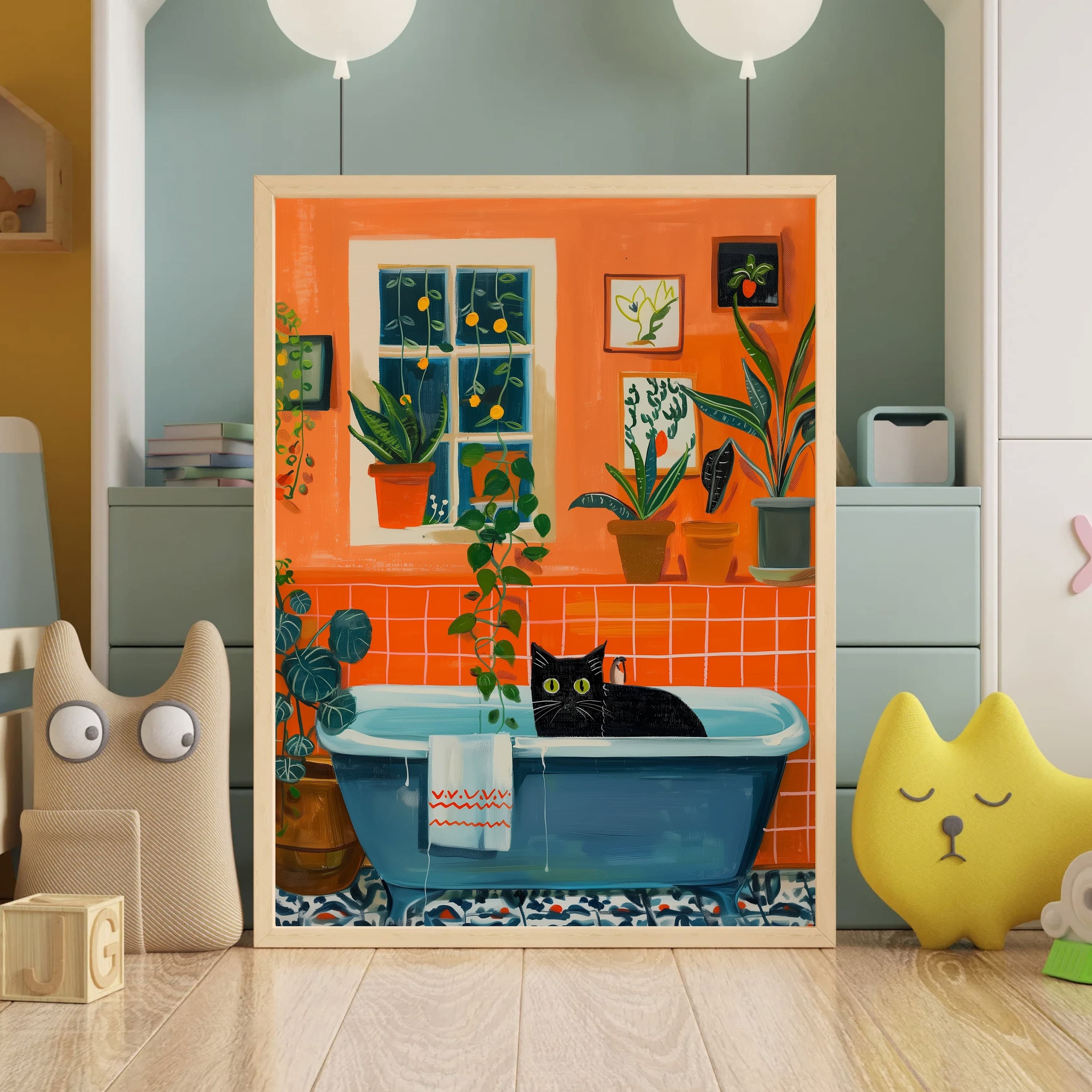 Bath Cat Print Funny, Orange Painting Poster, Animal Wall Art, Digital Wall Art, Bathtube Wall Art, Cat in Bathroom Art, Maximalist Cat Art - view 7