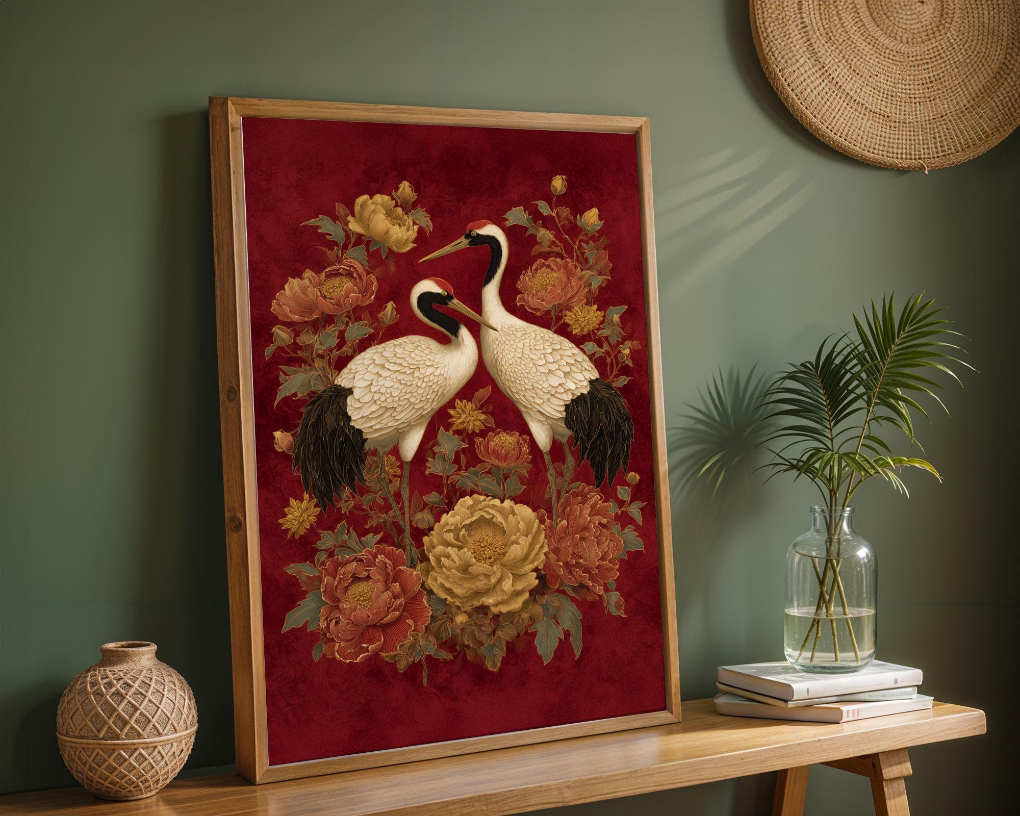 Crane Wall Art Red Gold Oriental Painting, Japanese Crane Wall Art, Red Gold Asian Bird Painting, Peony Flower Art, Oriental Decor, Japandi - view 4