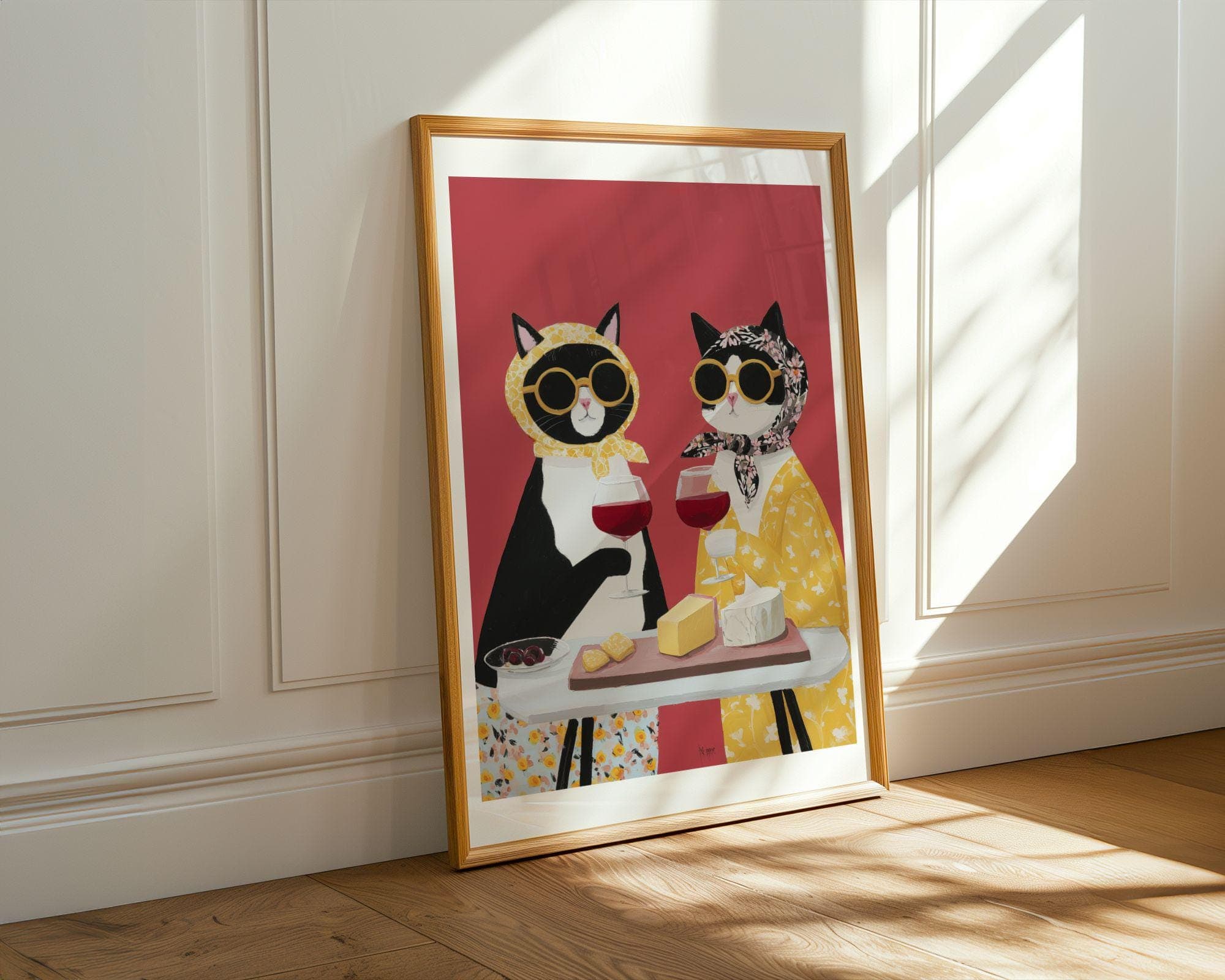 Funny Cat Couple Wine Wall Art, Quirky Cats Kitchen Decor, Pop Art Cat Couple Print - view 2